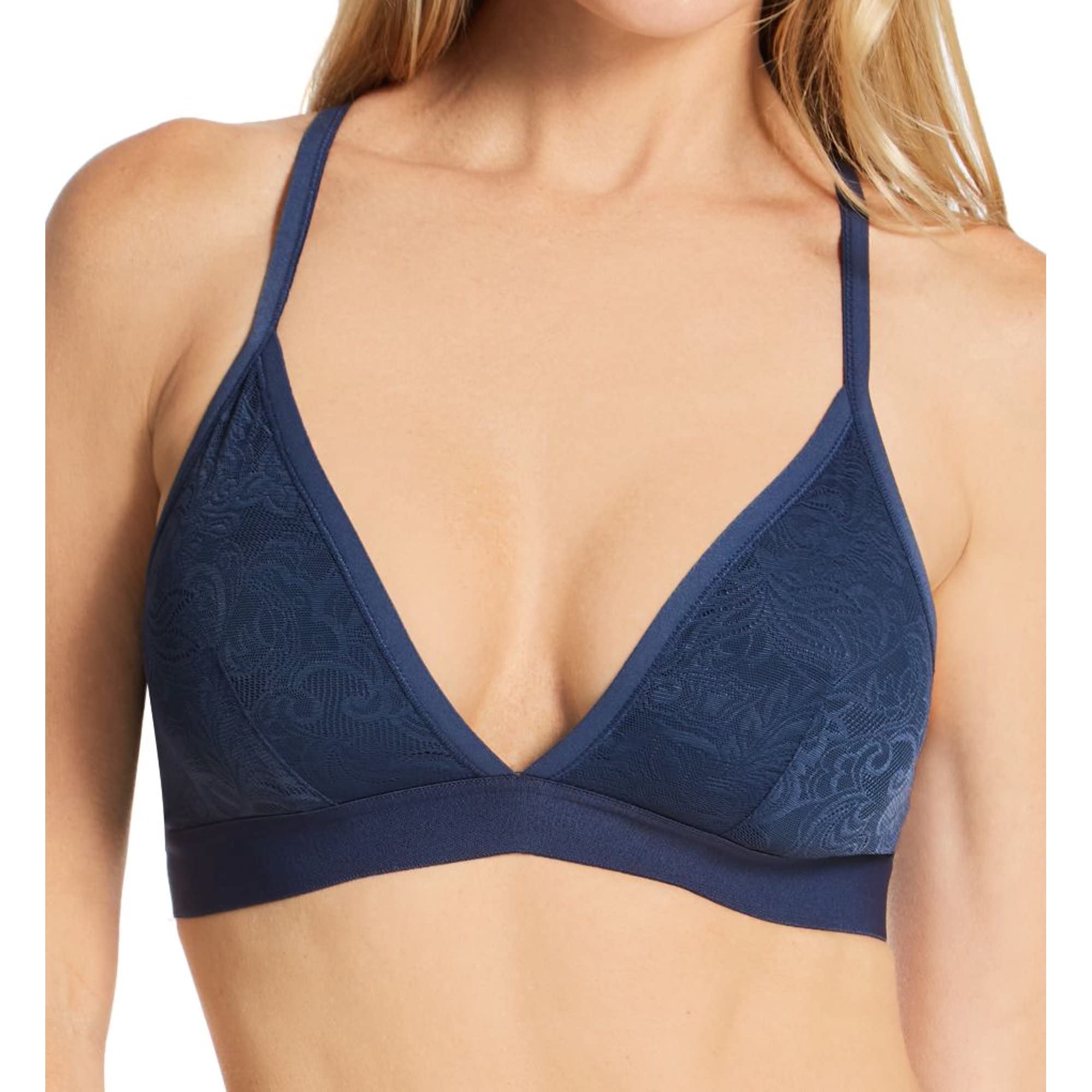 Women's Stretch Lace Triangle Wireless Bralette, DMSLTB, Navy, XL
