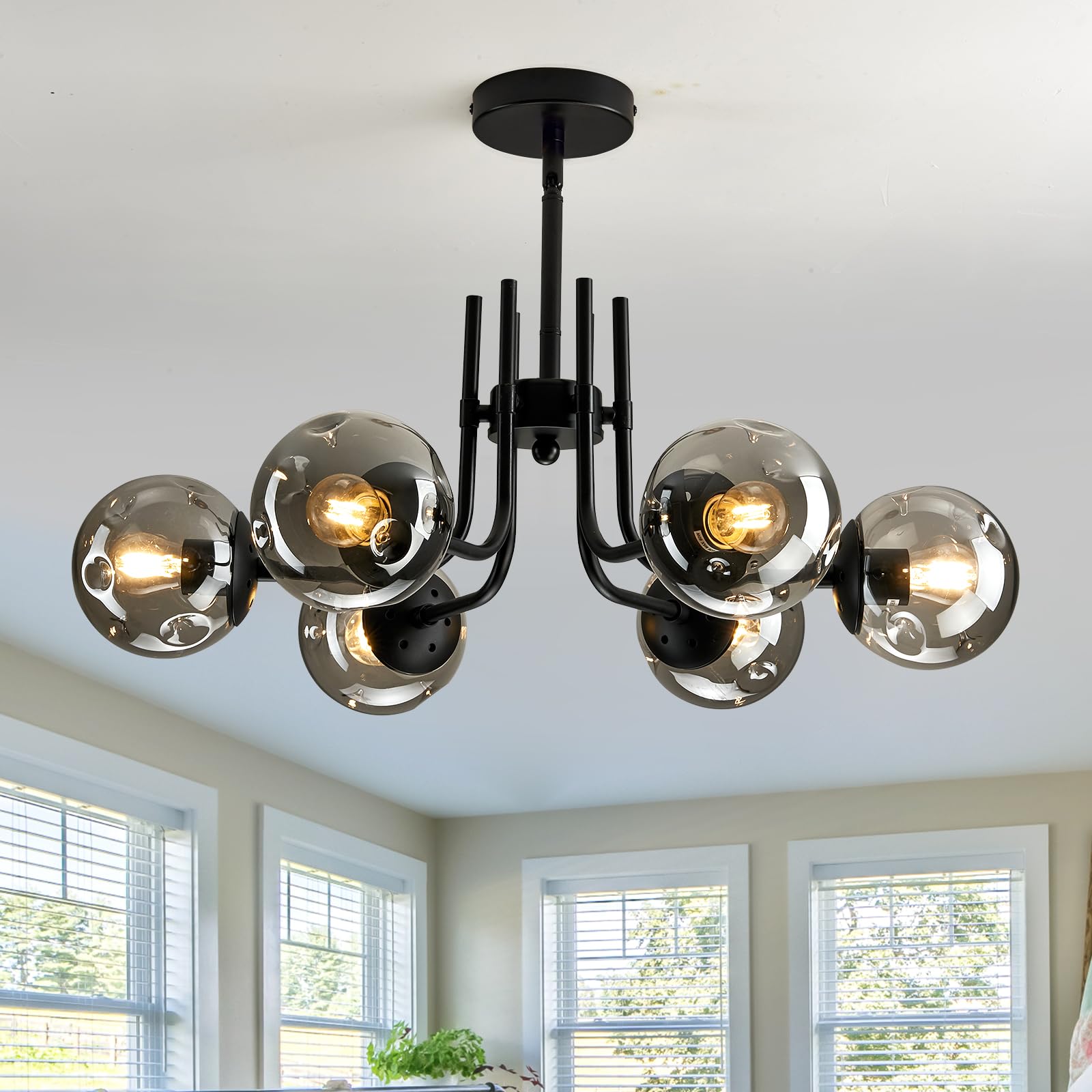 6-Lights Glass Globe Sputnik Chandeliers Modern Metal Ceiling Light Fixture Black Semi Flush Mount Chandelier for Living Room Dining Room Bedroom Farmhouse Kitchen.