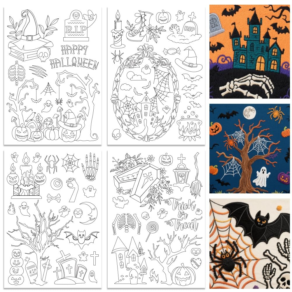 ORIGACH 4 Sheets Large Halloween Water Soluble Embroidery Stabilizers, Halloween Words Pumpkin Ghost Bat Patterns Stick and Stitch Embroidery Paper Hand Sewing Stabilizers for Embroidery Beginners