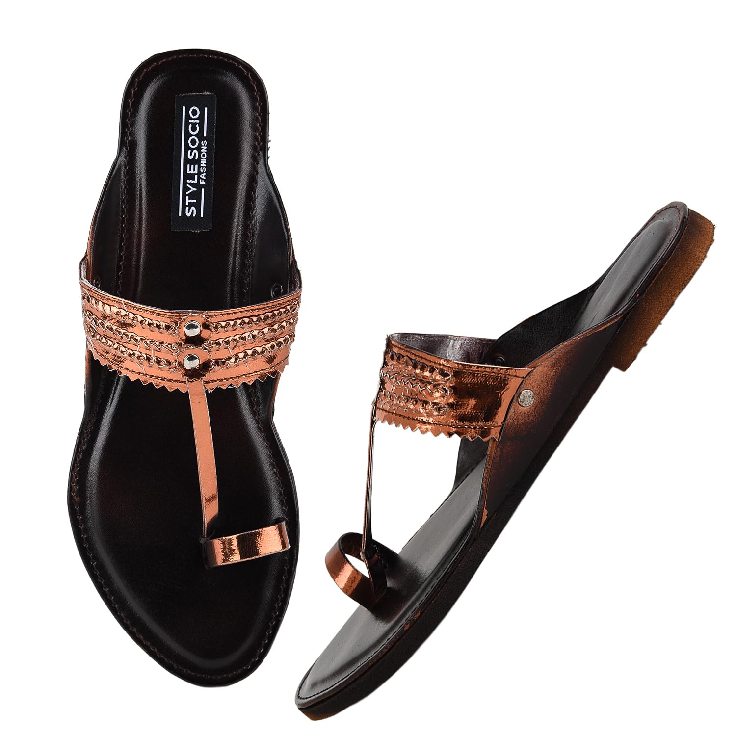 Women's Ethnic Kolhapuri Flats, Black Leather Base with Silver Embellishments, Toe Ring Style-image-21