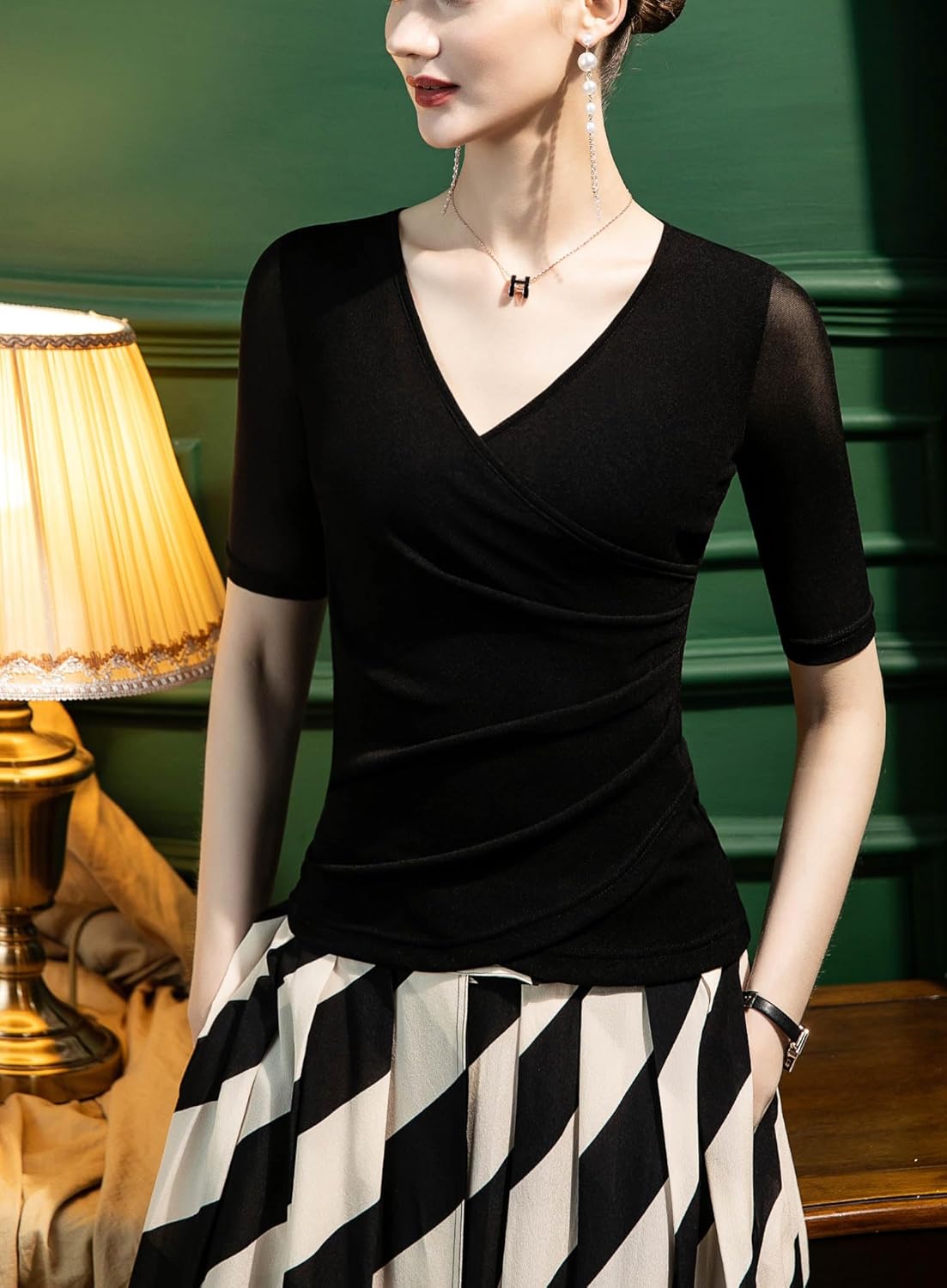 METWEY Wrap Tops for Women Summer Mesh Ruched Top Trendy 2025 Date Outfits V Neck Business Casual Work T Shirts Blouse - Image 2