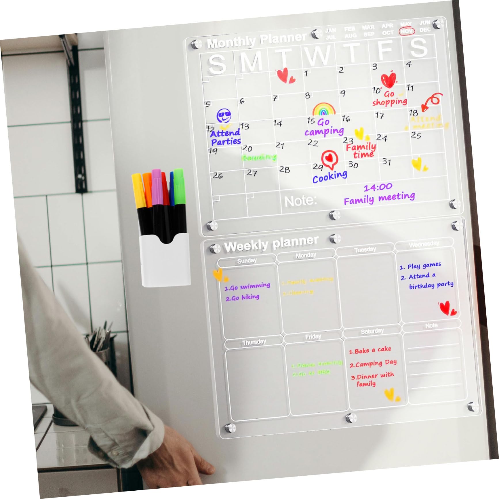 Garneck Calendario Magnetico per Frigorifero in Acrilico Cancellabile Secco Lavagna Mensile Trasparente Funzioni Memo e Note per Organizzazione Quotidiana