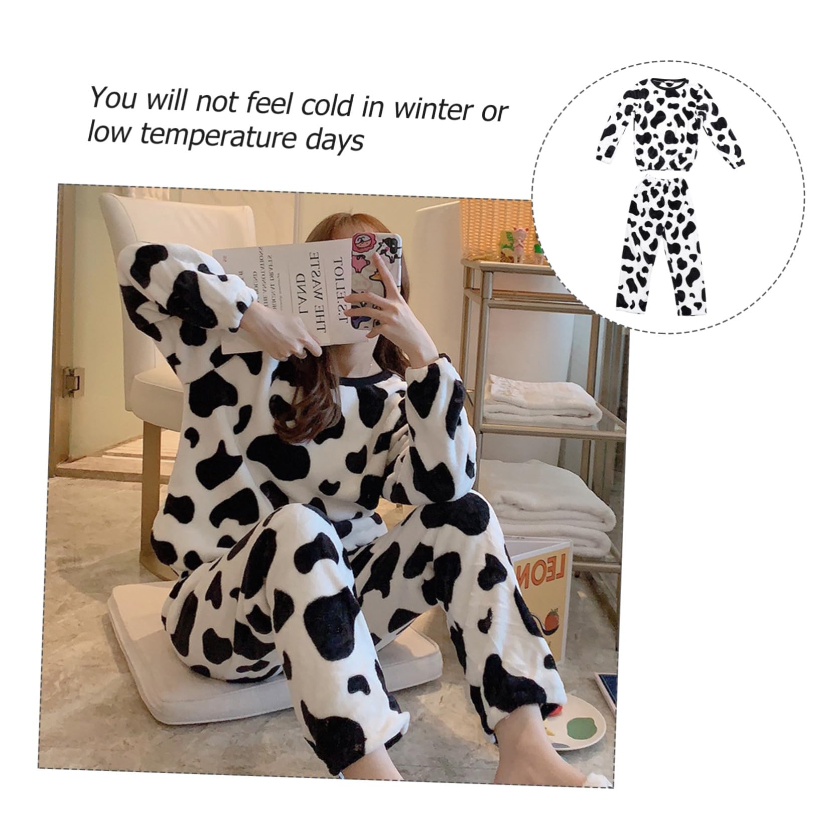 Uonlytech Pigiama Donna Invernale Set da Spesso e Confortevole Maniche Lunghe Caldo in Flanella Design Animale Mucca per Ragazze per Casa Autunno e Inverno