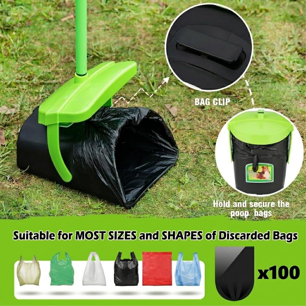 MXF Kit con 100 sacchetti per rifiuti, manico lungo 93 cm, con attacco per sacchetti, per cani di taglia grande, media e piccola, paletta per cacca da giardino