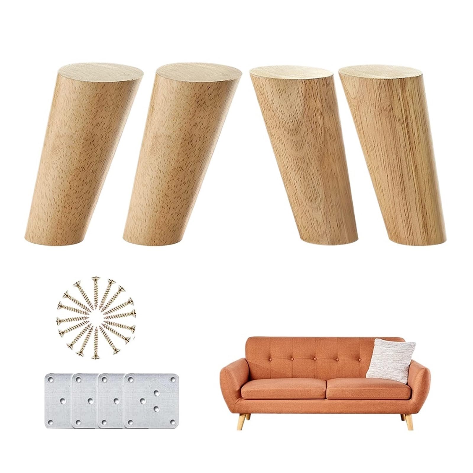 Natürliche Massivholz-Schreibtischbeine 8-60 cm Rund Ersatzmöbelbeine für Sofa, Bett, Schrank - Langlebige Edelstahlplatten für Stabilität (Neigung 60 cm)
