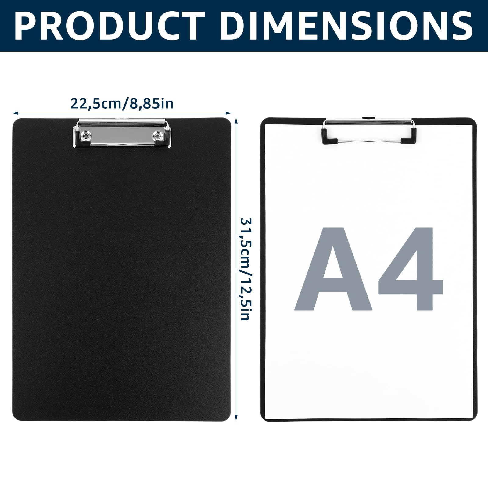 Pack de 12 Portapapeles A4, Portapapeles con Pinza A4 y Carpeta con Pinza Metalica 315x225x2 Mm, Plastico Mate Negro con Bolsa OPP para Oficina Aula