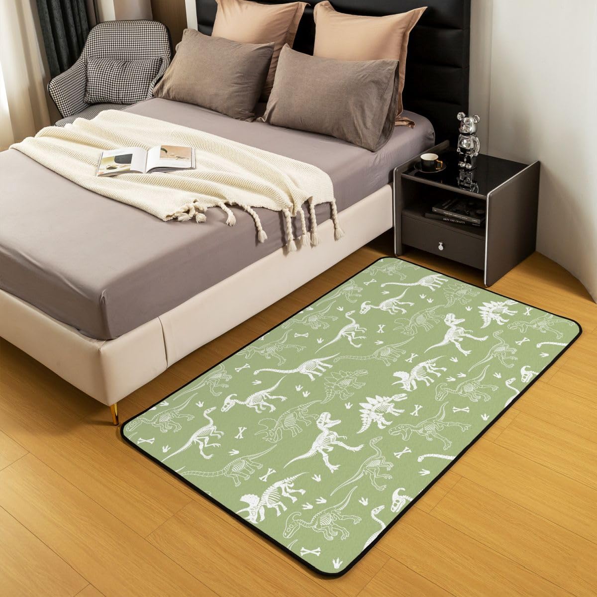 Dinosaurier Teppich 100x150cm Grün Weiß Süß Dino Modern Teppich Dinosaurier Lover's Geschenk Wohnzimmerteppich Dschungel Tier Küchenteppich Weich Waschbar