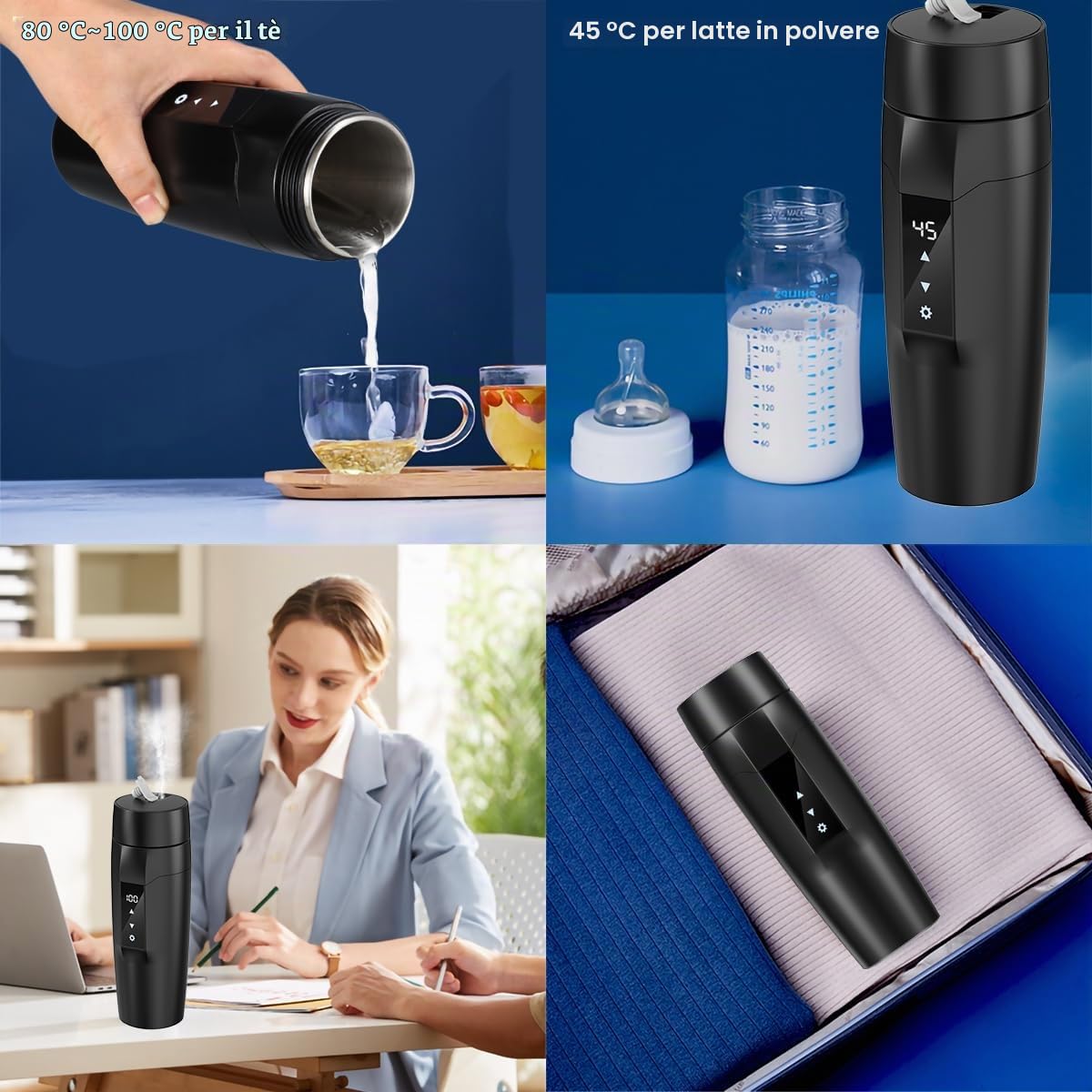 Bollitore elettrico portatile di Rauwseul, mini-tazza da viaggio da 350 ml 3 in 1 con rivestimento in acciaio inox 304, regolabile da 40~100℃, tazza ad ebollizione rapida da 300W