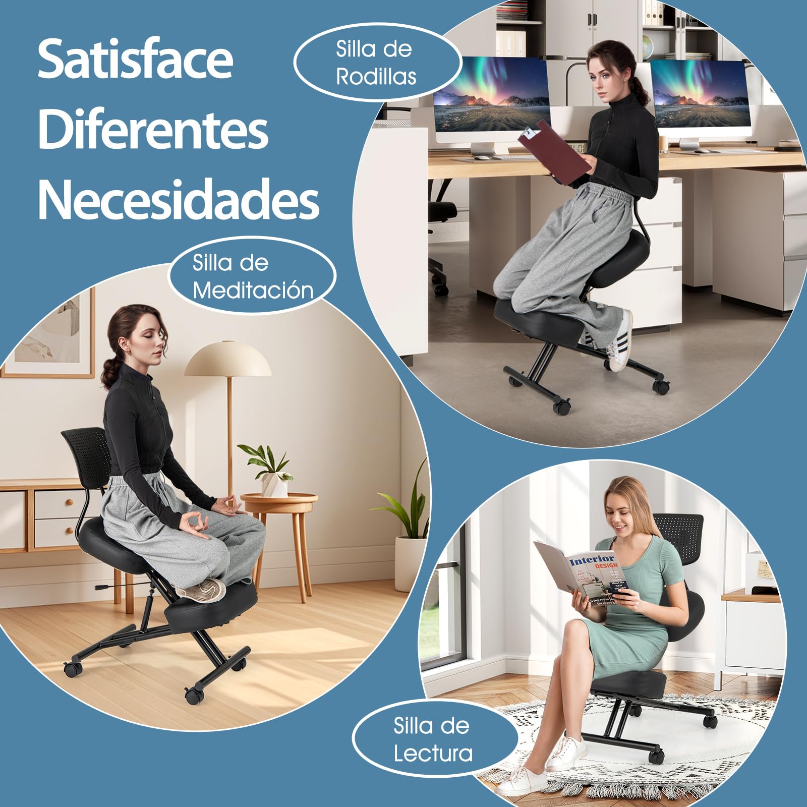 COSTWAY Silla Ergonómica Rodillas con Respaldo, Ajustable en Altura, Taburete Corrector de Postura con Asiento Inclinado, Silla Oficina con Ruedas Universales Bloqueables, 64,5-84,5 x 46 x 87-103 cm