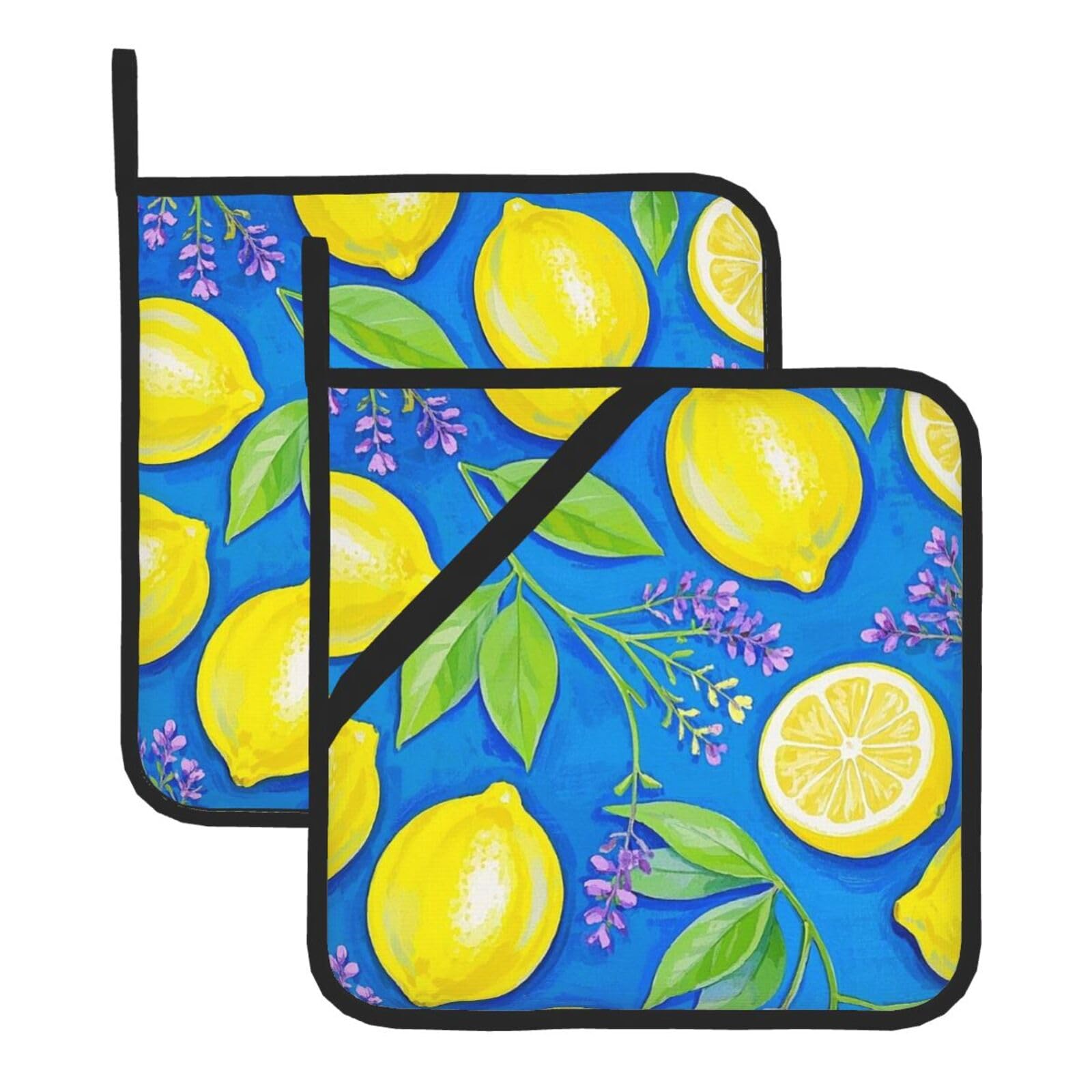 2 Pack Lemon Blue Yellow Boho Pot Holders for Kitchen Heat Resistant Pot Holders with Pocket Oven Potholders Washable Hot Pads for Cooking Baking Oven Pans Trivet 8x8 Inches