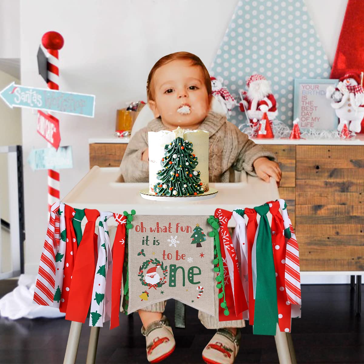 1. Geburtstag Banner Für Hochstuhl – Weihnachts-Deko In Grün & Rot Aus Jute | Baby-Party-Dekoration
