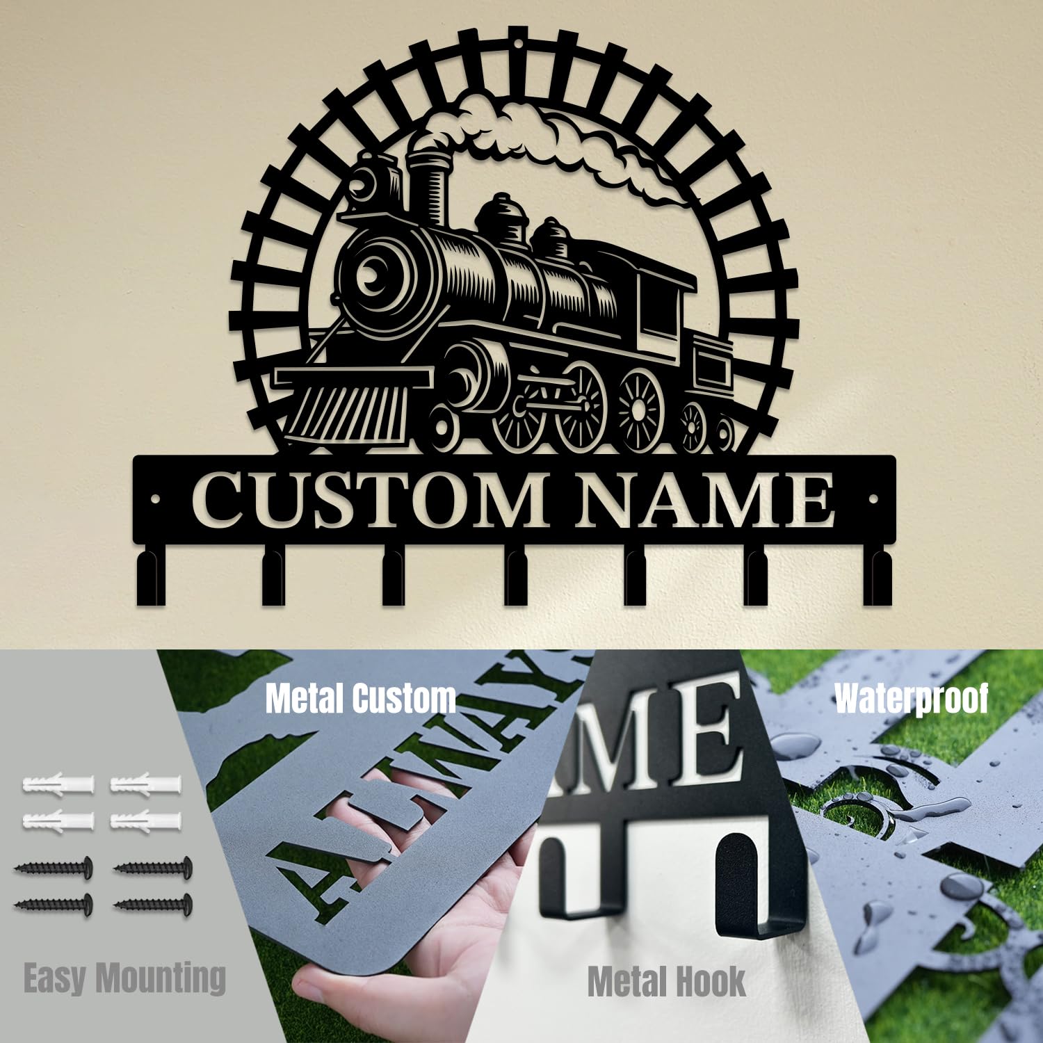 Casebrick Personalized Custom Train Metal Wall Keys Hooks,Clothes Hooks Train Art coat racks,door holder,Black Train decorations for home,Entrance doors,Hallway, Bedroom,Keys,Hats (Style B)