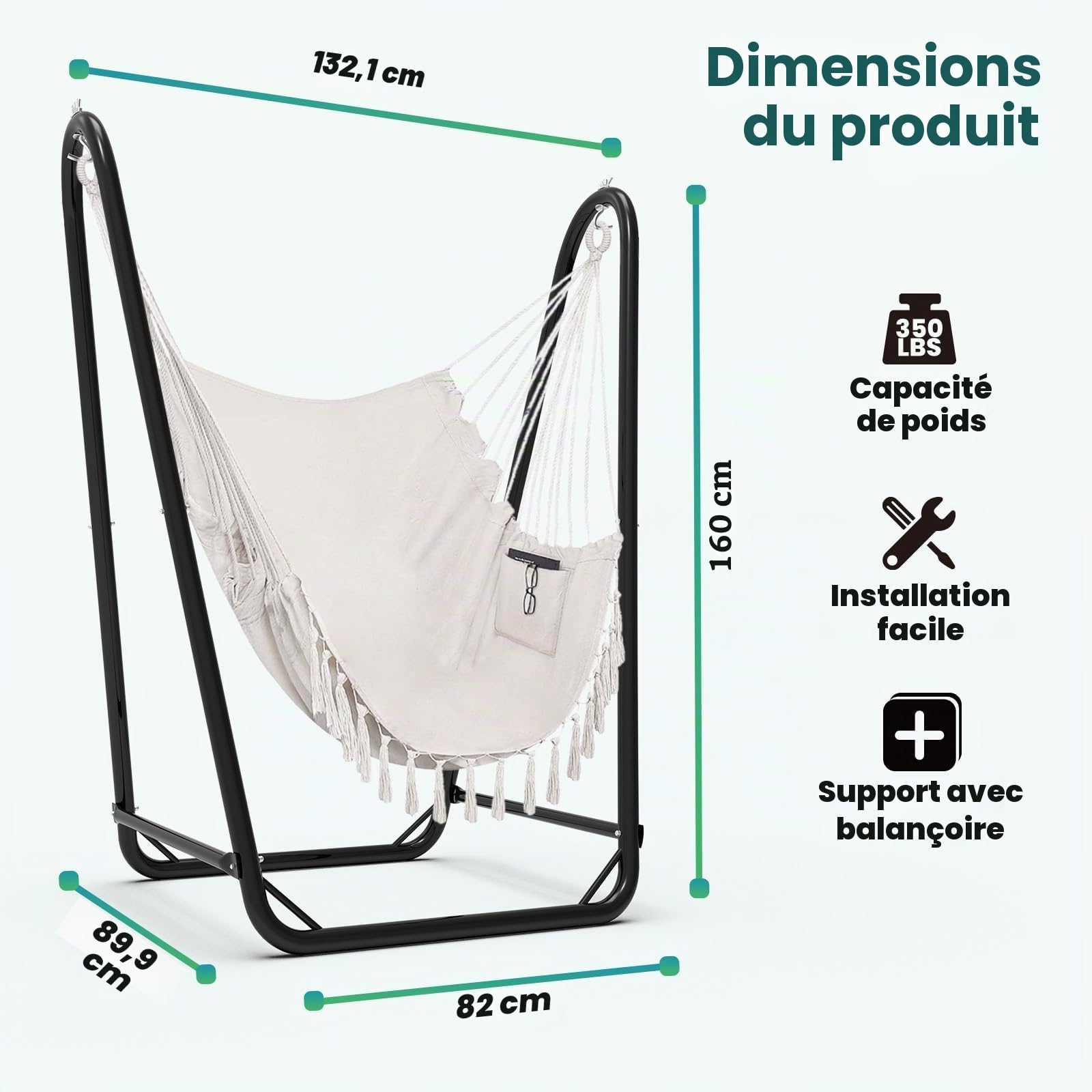 Fauteuil Suspendu avec Armature, Charge maximale de 160 kg, balançoire Suspendue Robuste avec Support pour l'intérieur et l'extérieur, Stable, Fauteuil Suspendu d'extérieur avec Cadre