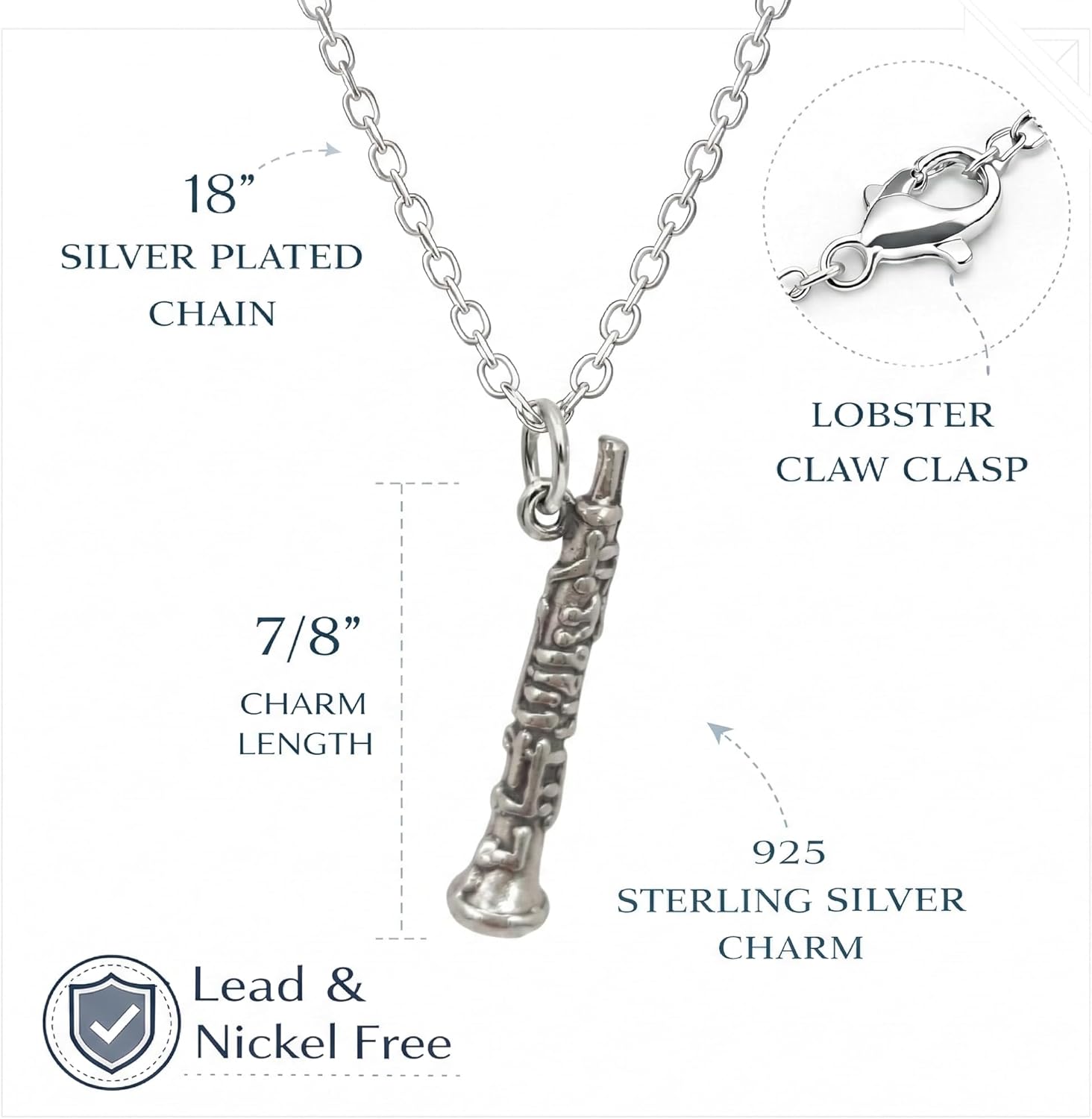 EnCharmed Oboe Musical Instrument Charm Necklace for Women, Sterling Silver Dainty Handmade Necklace, Woodwind Music Teacher Student Design, Everyday Minimal Layering Jewelry, 18"