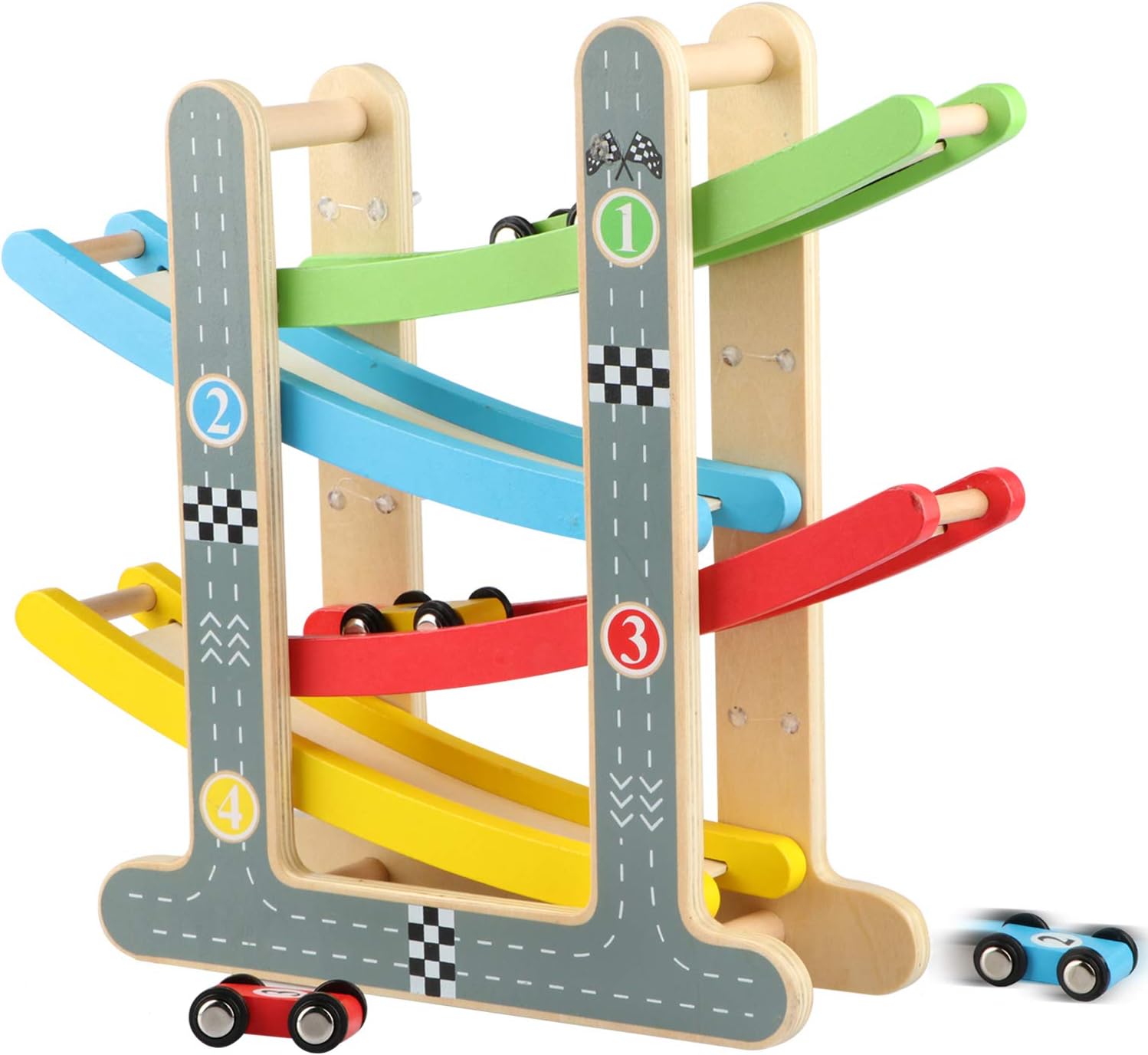 Jacootoys Wooden Car Ramp Toy with 4 Mini Cars Zigzag Click Clack Racing Track Speed Ramps Toddler Toys for 3 4 5 Year Old Boy Kids