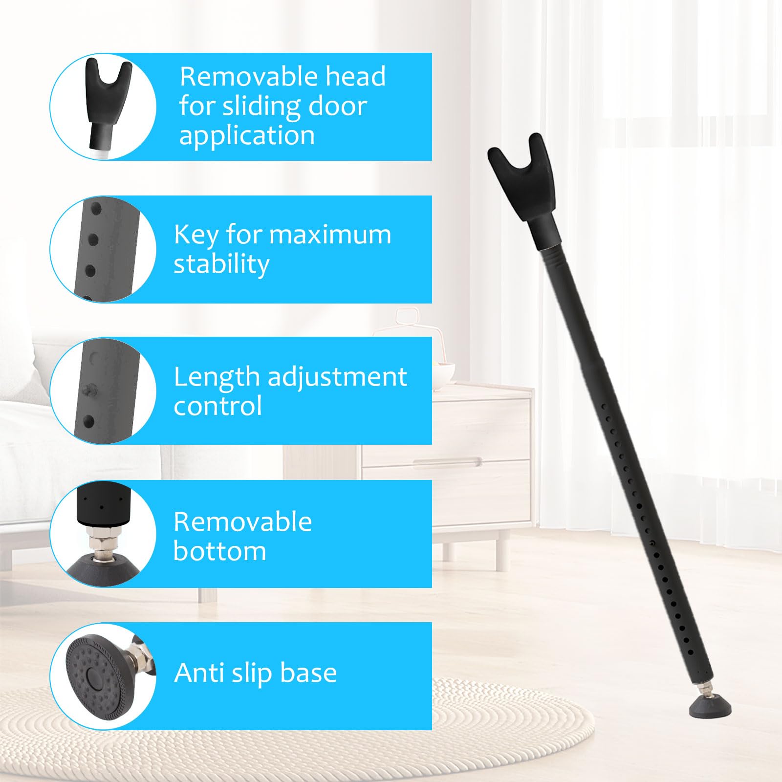 Qvine Securite Porte d'entrée Réglable 48-129 cm, Barre Anti Effraction pour la Porte Standard et Coulissante Jusqu'à 400lb, Barre de Porte Antidérapant pour Maison Appartement (Noir)