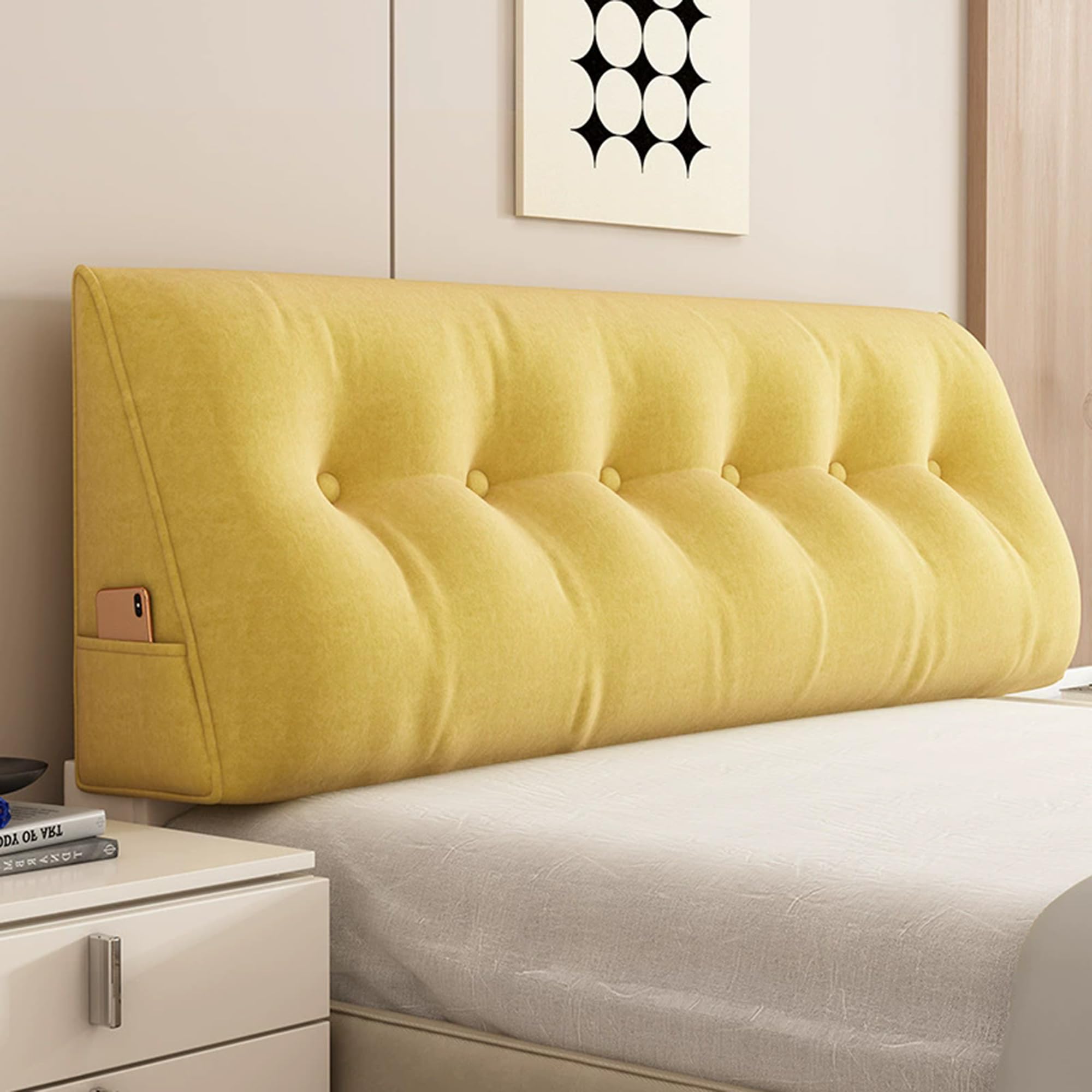 Hruile Triangular Headboard Pillow, Rest Reading Pillow for Bed Sofa, Backrest Wedge Cushion with Side Pocket, Lumbar Support Cushion, Backrest Positioning Bolster (80x50x20cm,Yellow)