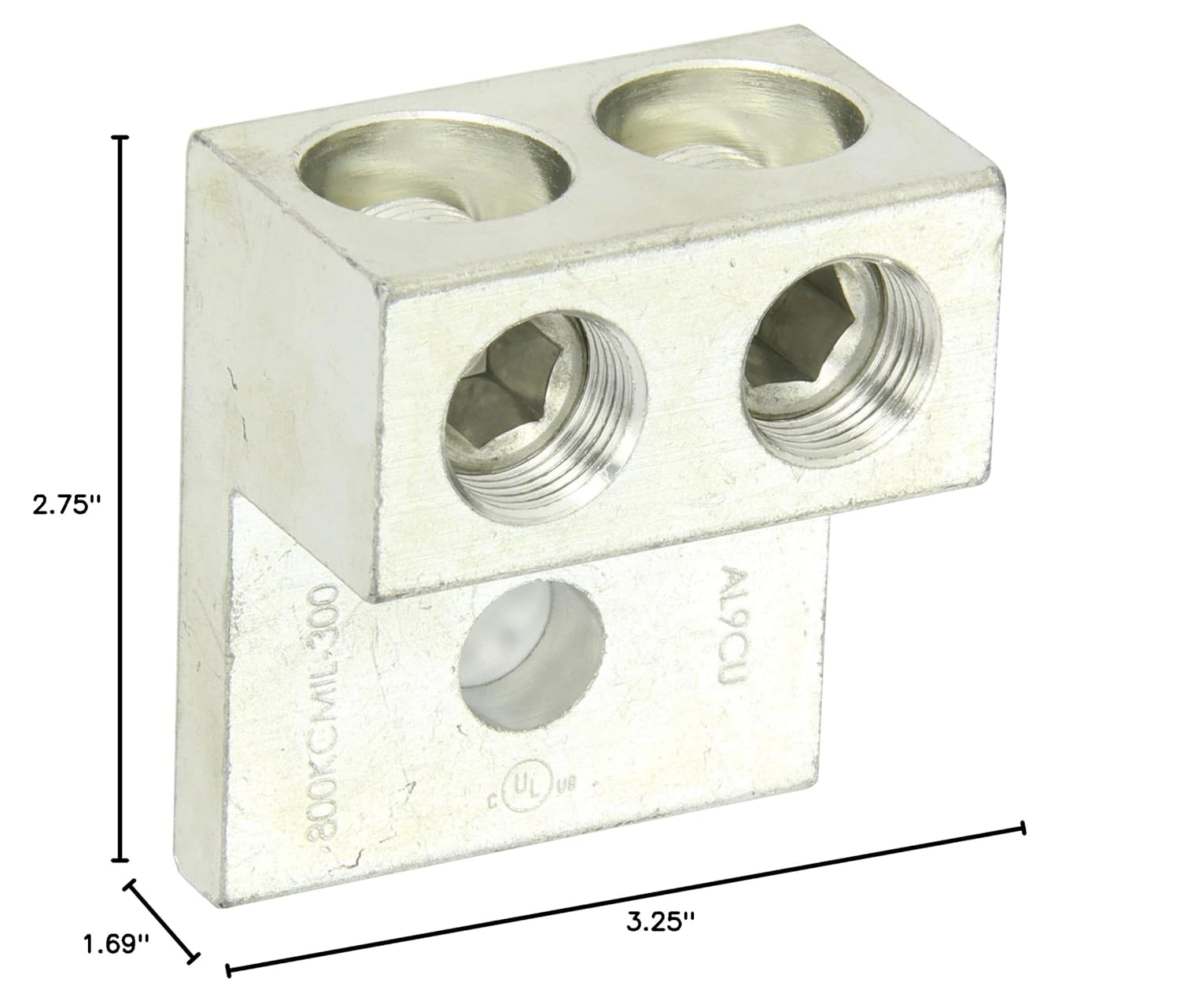 NSI 2-800T Dual Rated Mechanical Double Lug, 800-300 MCM Wire Range, 1/2" Mounting Hole, 2.75" Width, 1.69" Height, 3.25" Length