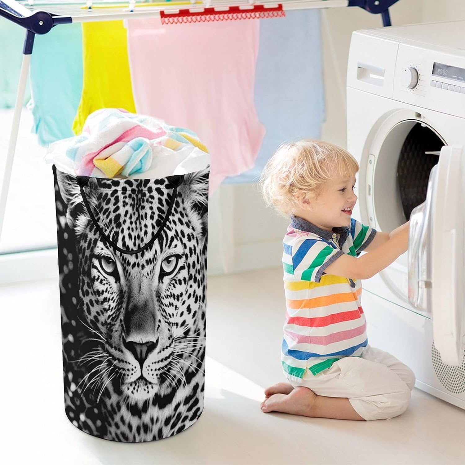 Large Laundry Hamper with Handles Black White Leopard Face Laundry Basket Freestanding Waterproof Clothes Hamper for Living Room Bedroom Bathroom College Dorm