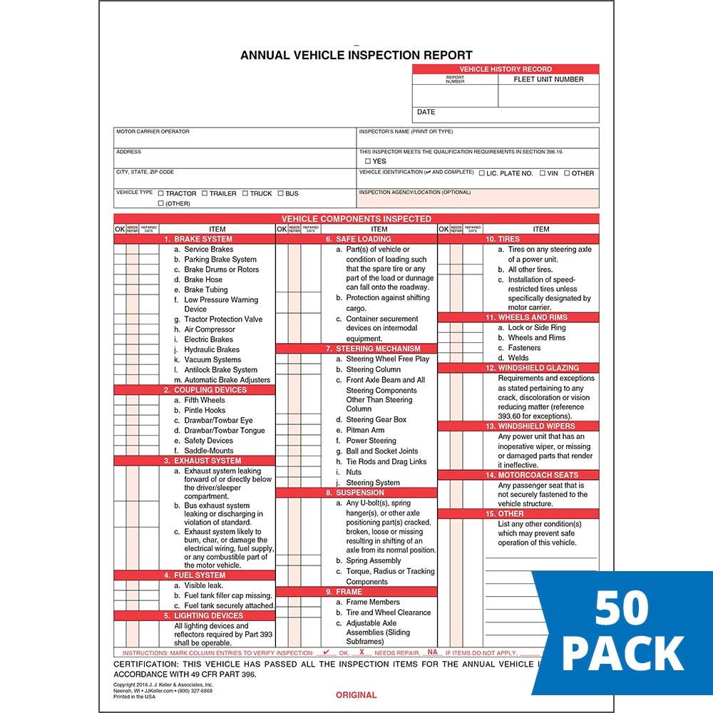 Buy Annual Vehicle Inspection Report Form 50pk. SnapOut Format, 2Ply, Carbonless, 8.5" x 11