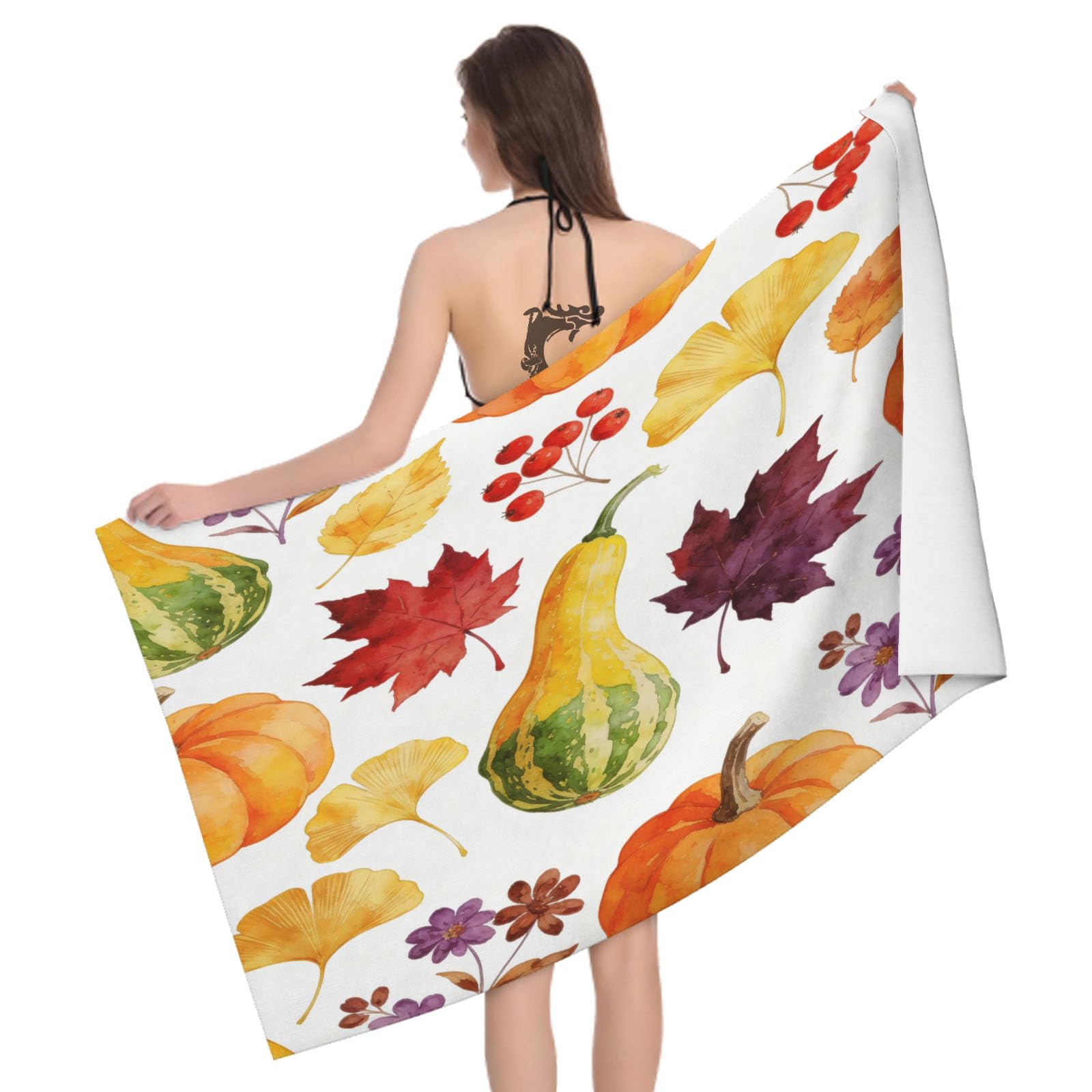 Leichong 3D Autumn Pumpkin Beach Towel Microfiber Soft Quick Dry for Adults, Maple Leaf Bath Towel Lightweight Soft Absorbent for Travel Swimming Pool Sports, 75 x 150 cm