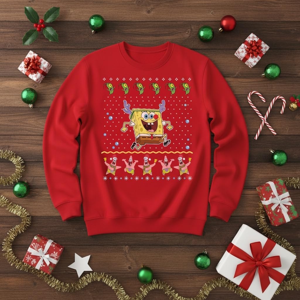 Tstars SpongeBob Ugly Christmas Sweater Shirt - Funny Long Sleeve Holiday Tee for Youth Boys & Girls