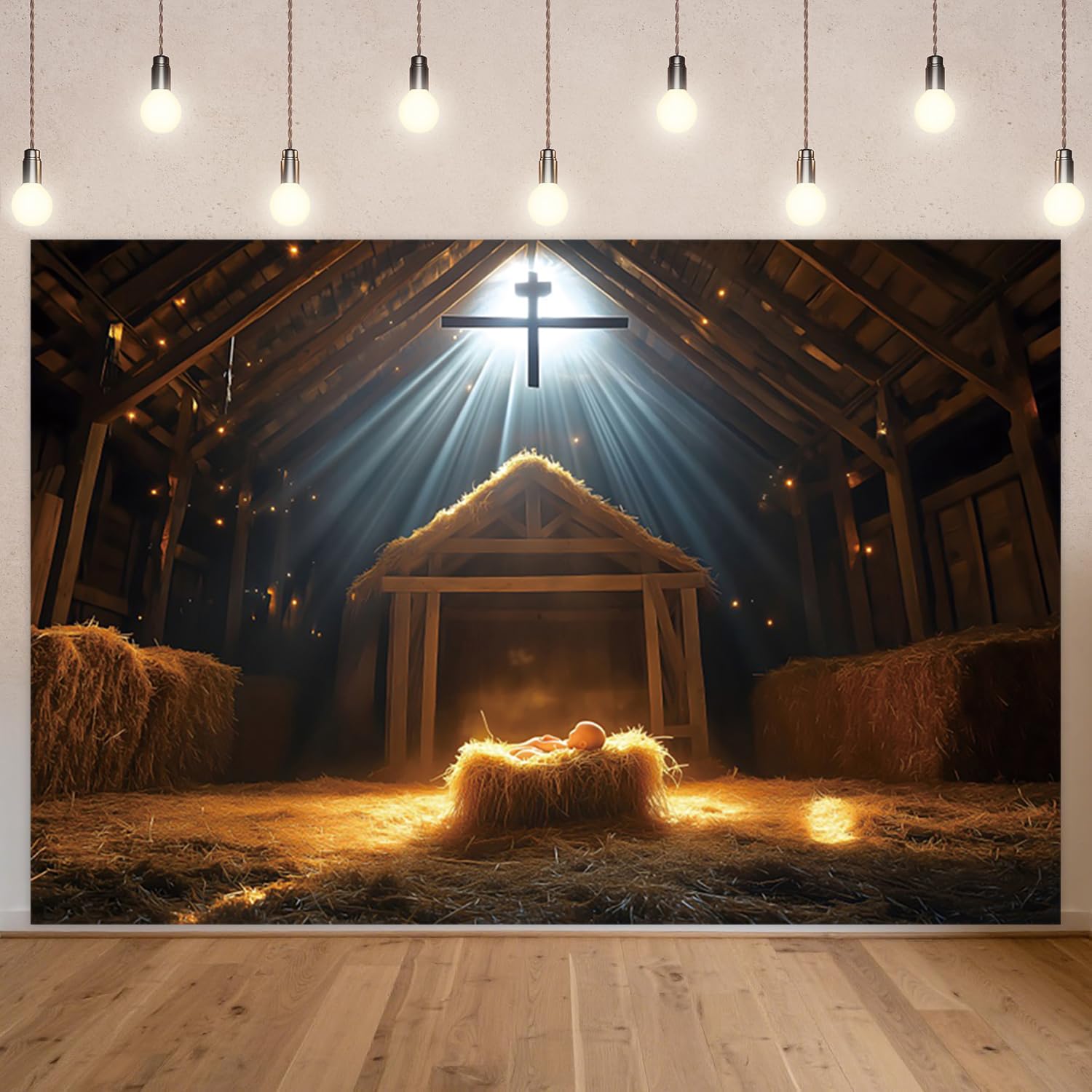 3 x 2,5 m Nativity Stable Backdrop Birth of Jesus Manger Photography Background Hay Bales Christian Cross Sunbeam Lights Rustic Wooden Holy Christmas Religion Theme Photo Studio Props