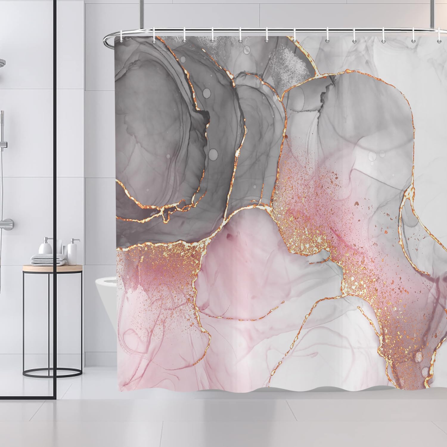 Rideau de douche en marbre 180x180 cm gris et rose étanche avec 12 crochets