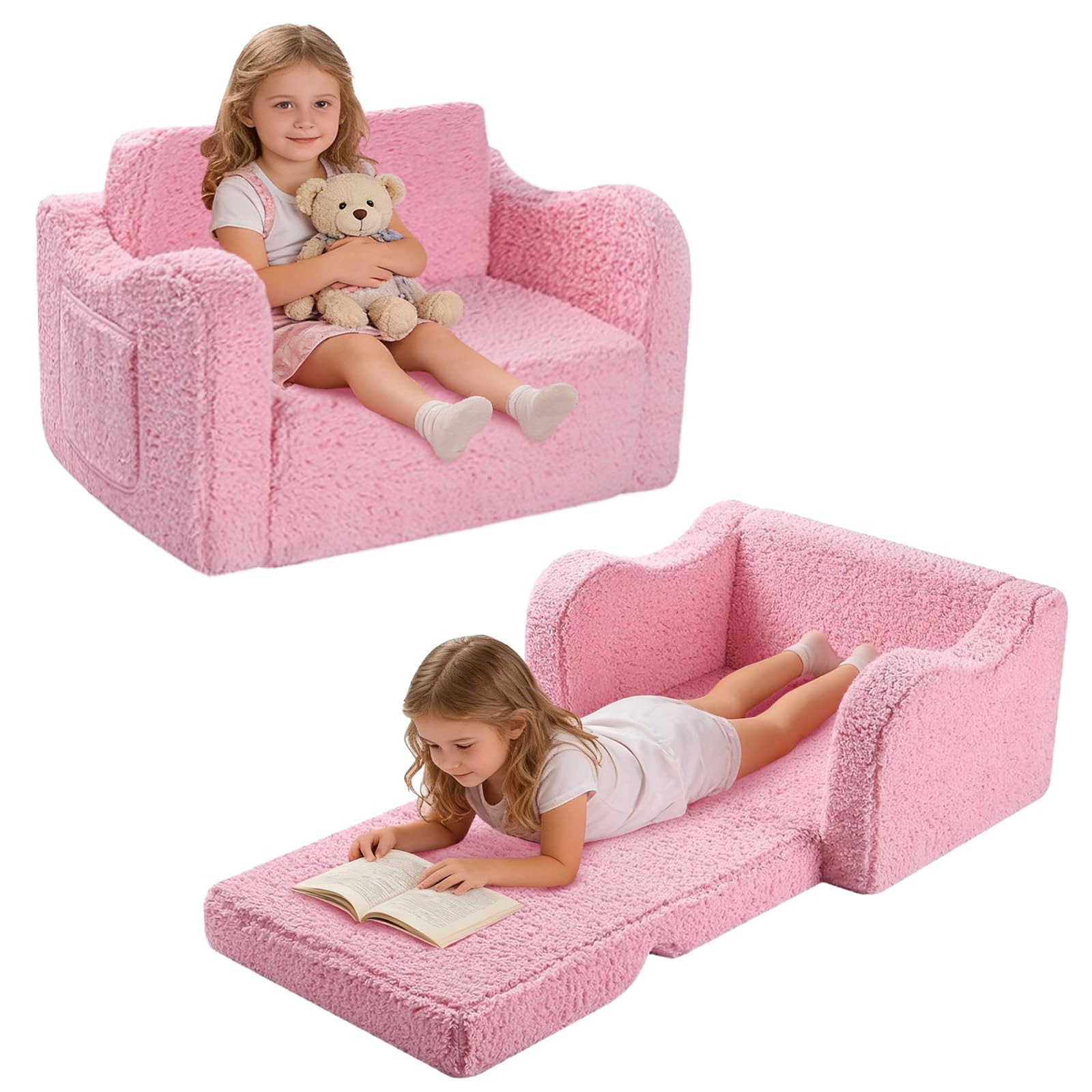 Fauteuil Enfant Convertible en Canapé-lit 2-en-1Parfait pour Jouer et Dormir avec Matelas Amovible, Coussin et Pouf Léger et Facile à Plier pour Filles et Garçons Fauteuil