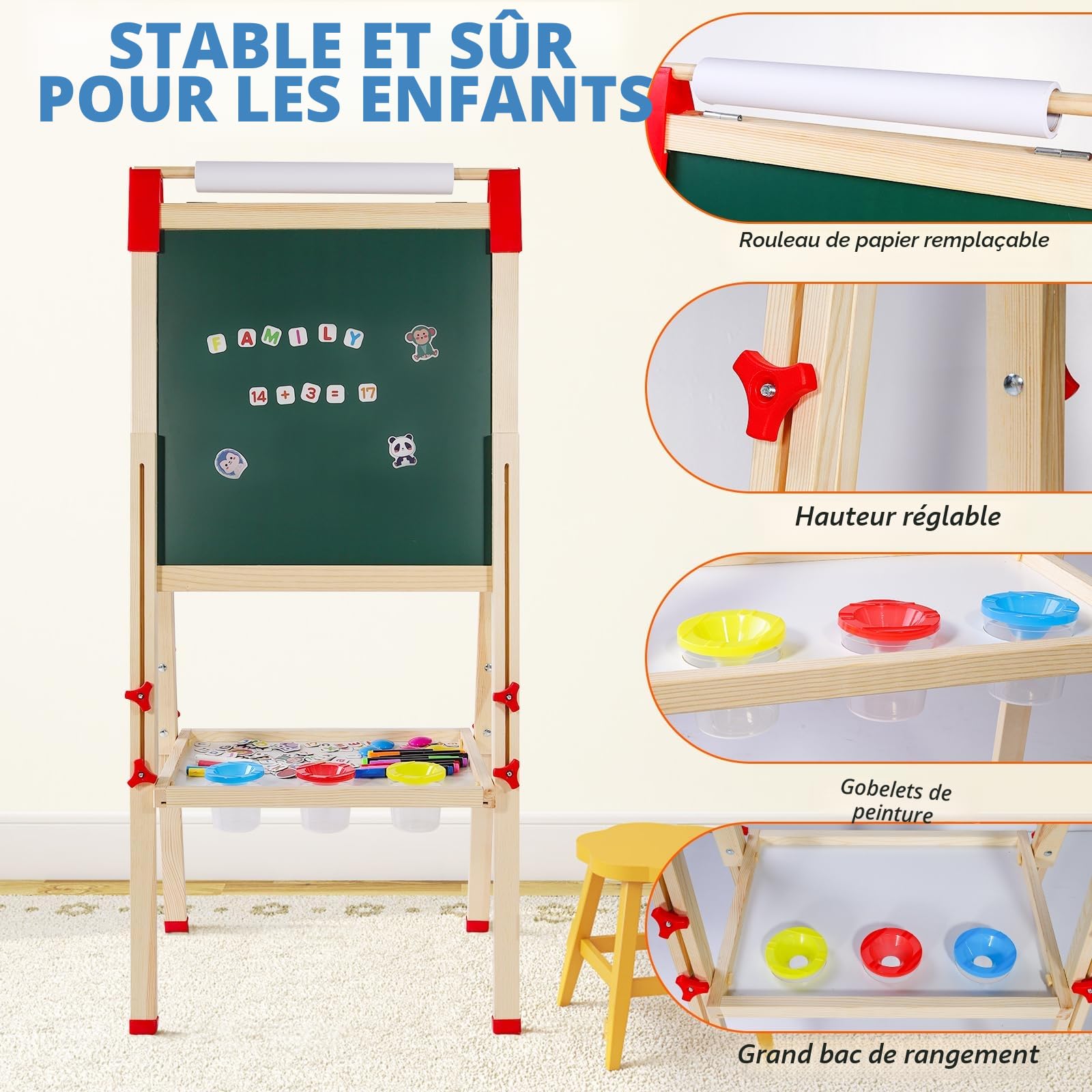 Chevalet Enfant Double Face en Bois avec Rouleau à Papier - Tableau Blanc & Noir Réglable - Cadeau Anniversaire Fille Garçon (Accessoires Inclus)