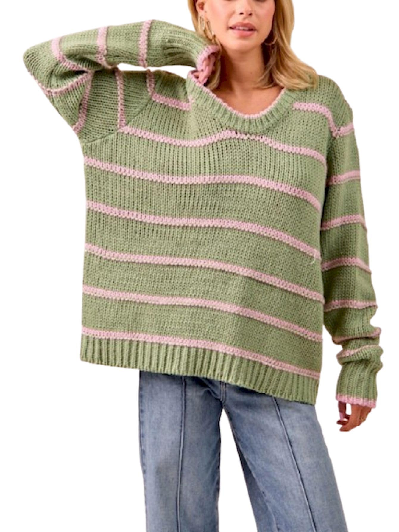 Womens Casual Pullover Sweater Striped Knit Oversized V Neck Long Sleeve Green Pink Chunky Top