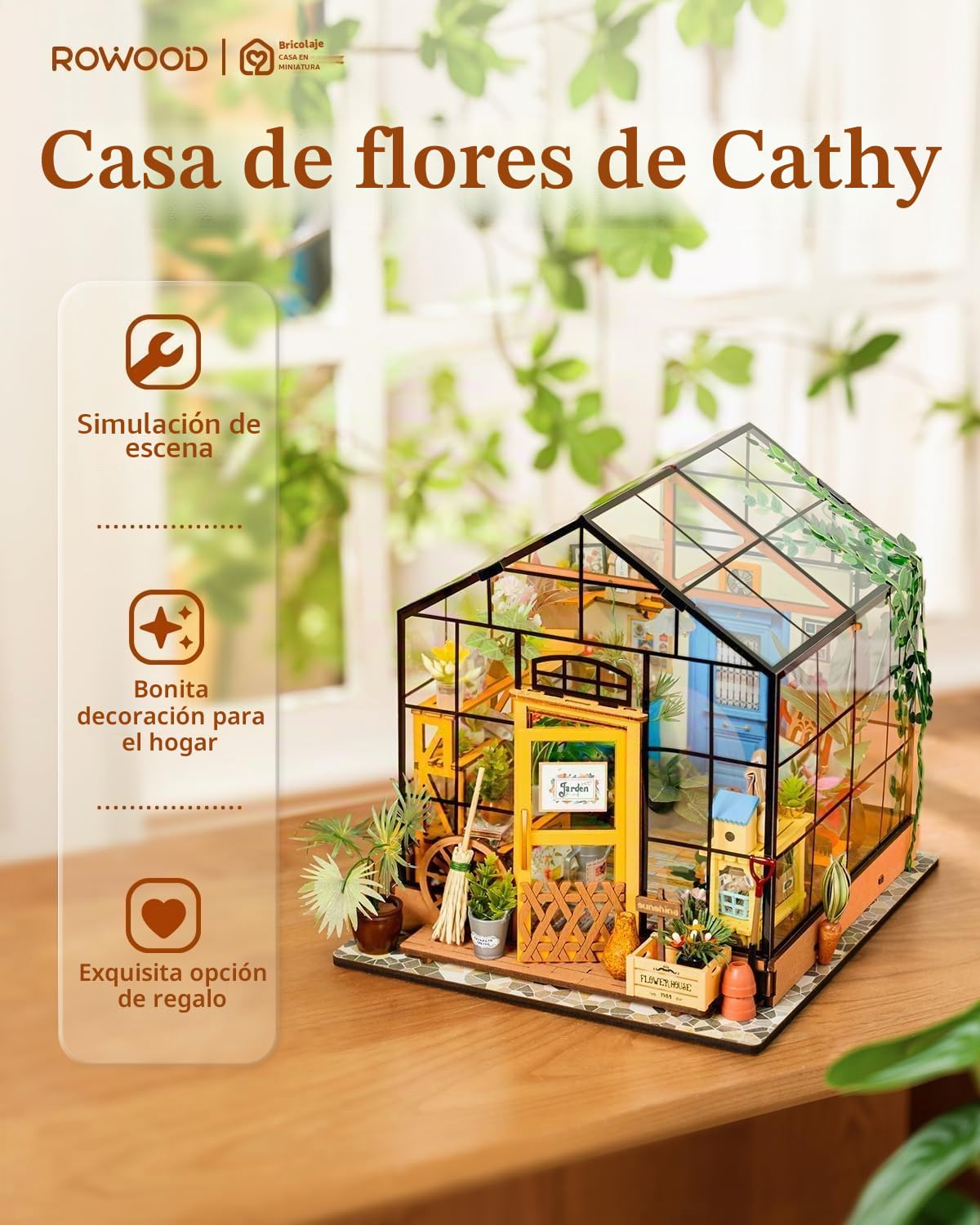 ROWOOD Casa De Muñecas En Miniatura Invernadero con Luz | DIY Miniature House Maquetas para Montar Manualidades De Madera | Regalos De para Adultos, Mujeres, Niñas (Cathy's Flower House)