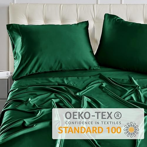Miniatura 4 de Sasttie Juego de sábanas de satén tamaño King, sábanas sedosas de color verde de 4 piezas, juego de sábanas de satén de lujo con 1 sábana bajera, 1
