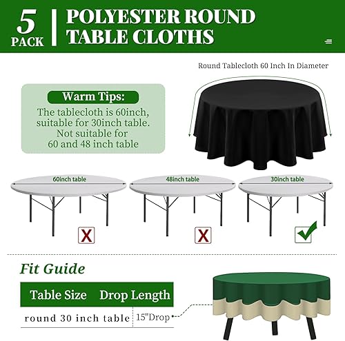 Miniatura 2 de MTREO Paquete de 5 manteles redondos de poliéster de 60 pulgadas, color negro, resistentes a las arrugas, lavables, manteles de tela decorativa para