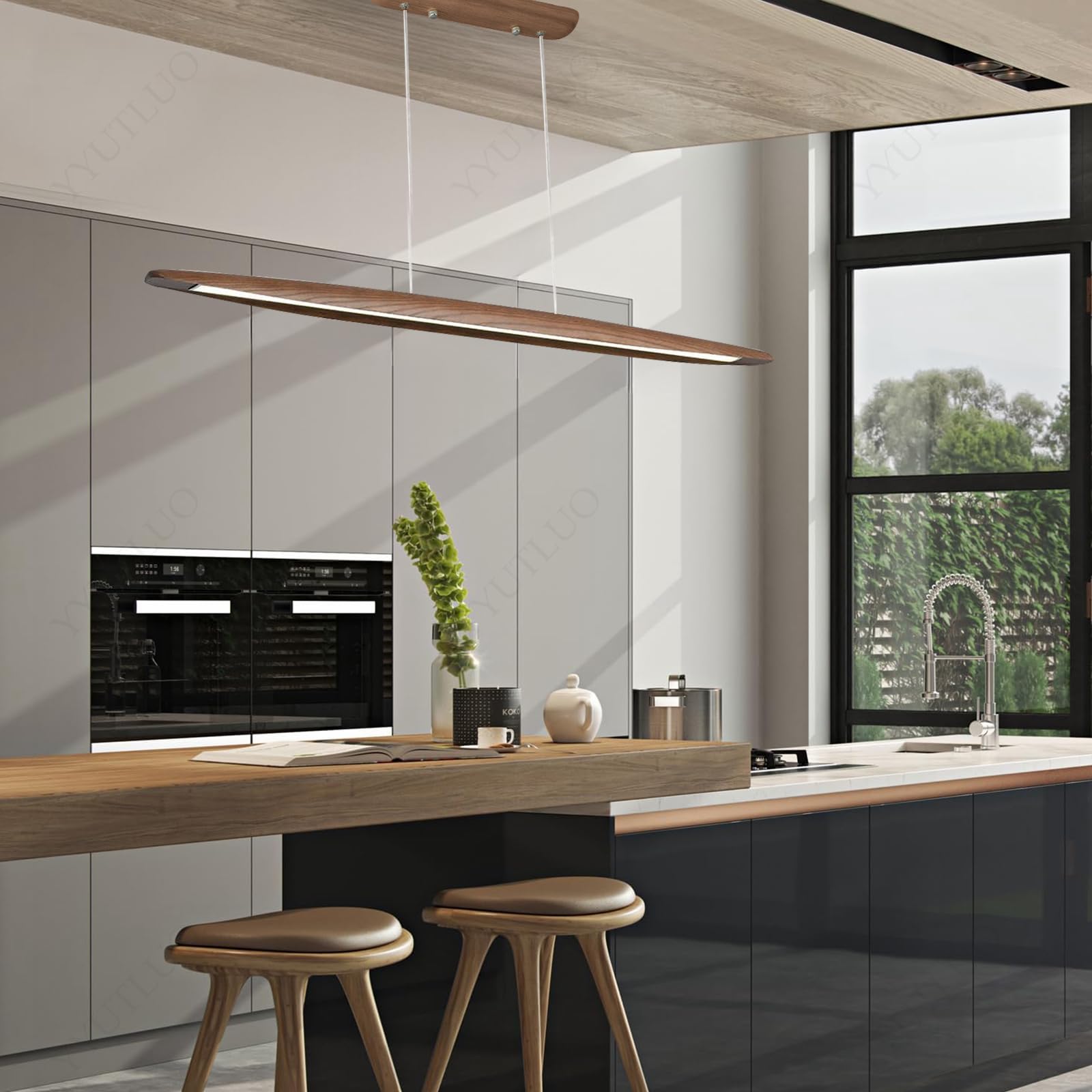 Lámpara Colgante De Madera LED, Lámpara Colgante Para Mesa Comedor, Marrón Regulable Con Control Remoto, Candelabro Altura Ajustable Diseño Lineal Moderno Candelabro Para (100cm)