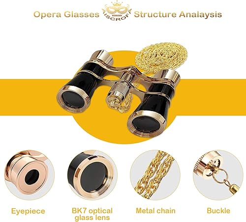 Miniatura 2 de Gafas de ópera de 3 x 25 pulgadas, mini binoculares compactos, ligeros, con cadena para adultos, niños, mujeres en concierto musical (negro con