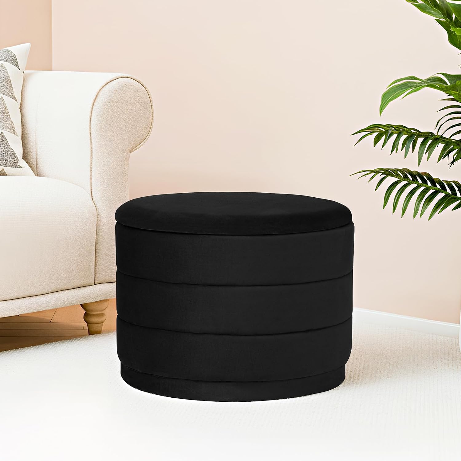 23" round velvet storage ottoman with reversible lid, soft padded footrest and hidden storage, large upholstere tray top ottoman footstool for living room, bedroom, entryway, black 23"d x 23"w x 17"h black
