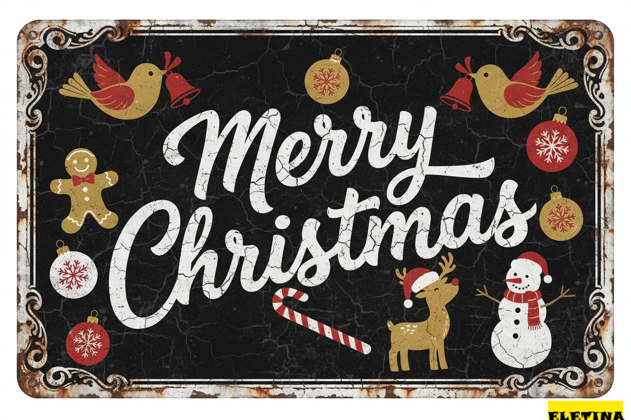 Vintage Metal Tin Sign for Man Cave Merry Christmas En, 8x12 Inch, Christmas Front Door Decorations