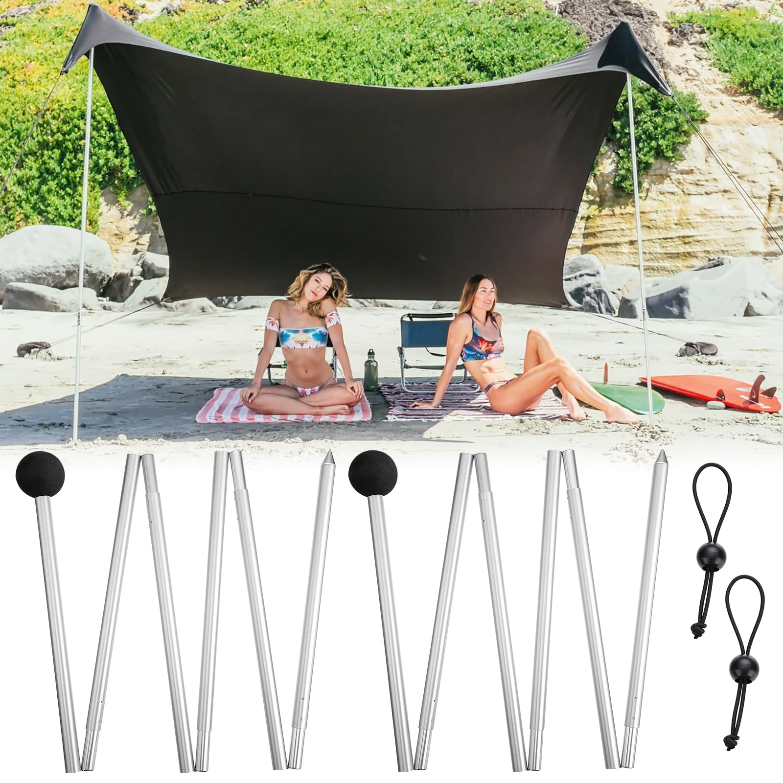 PAMASE Beach Tent Poles Replacement - 6ft11in Extra Poles fits Neso Grande Canopy, 2 Packs Foldable Portable Aluminum Alloy Repairing Fixing Accessories for Camping Parties Fishing Hiking