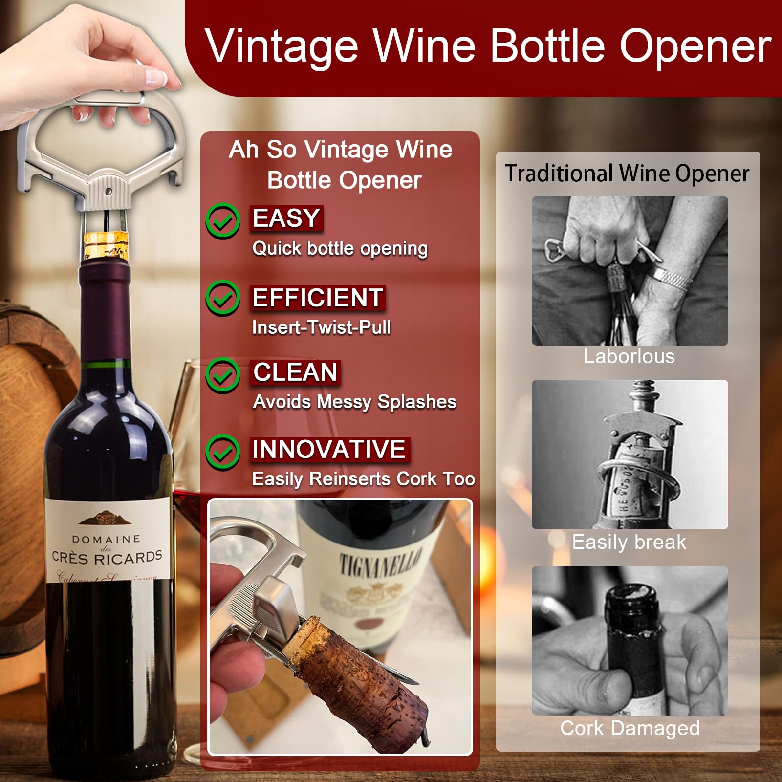 ZONSUSE Ah So Weinöffner für Alter Wein,Korkenzieher für Gereiften Wein,Wein Flaschenöffner für Spröde Korken,Zweizahn Korkenzieher,Weinöffner Geschenk für Weinsammler Weinliebhaber (Glatt)