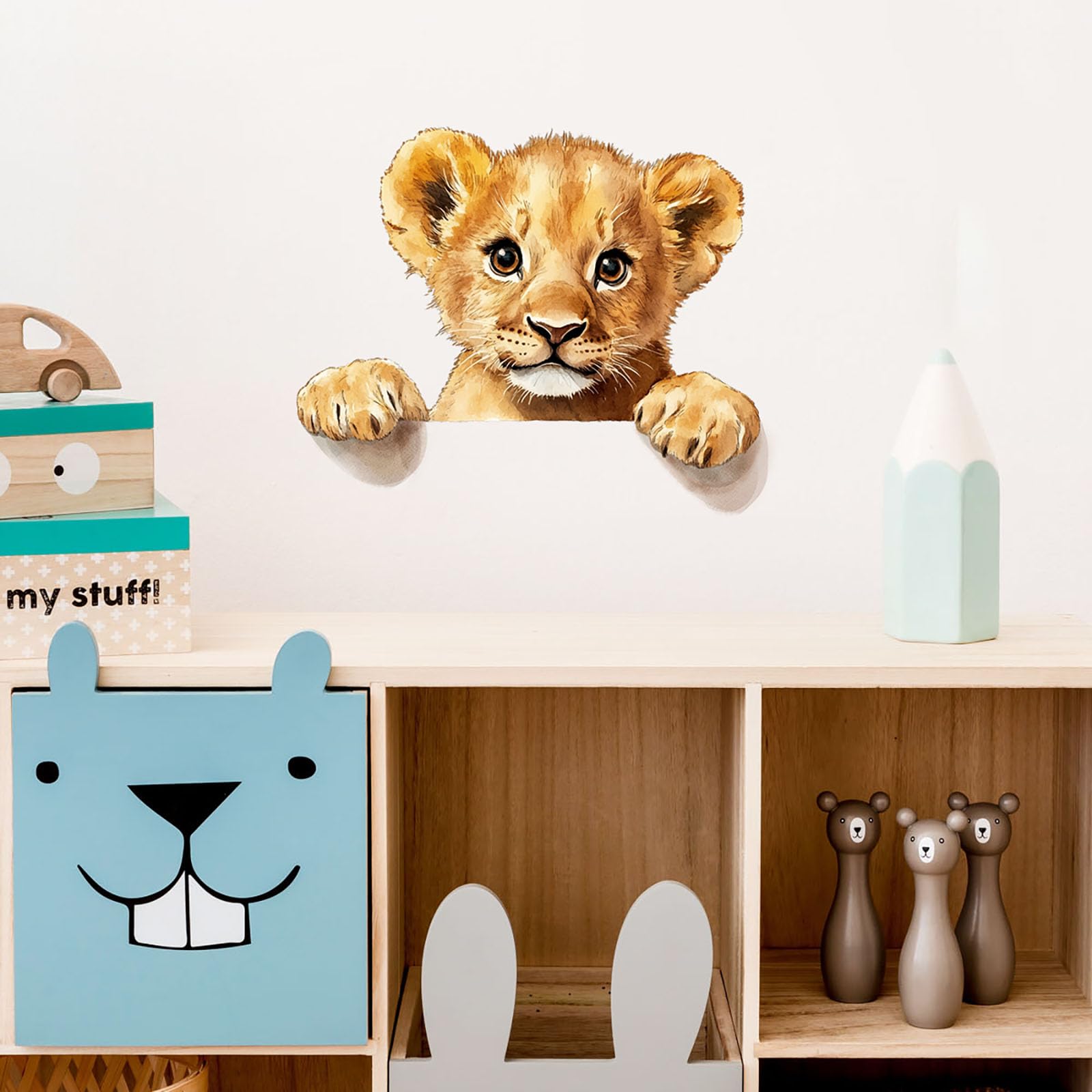 Calcomanías de pared de león bebé, calcomanías de vinilo extraíbles de dibujos animados para guardería, sala de estar y sala de juegos de niños, decoración temática de selva, arte de pared
