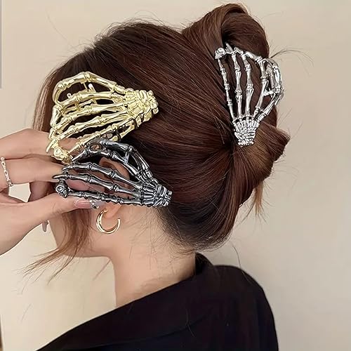 Miniatura 8 de Pinza para el cabello de mano de calavera de metal, 1 pinza dorada con diseño de calavera para cabello fino, accesorio para el cabello estilo punk,