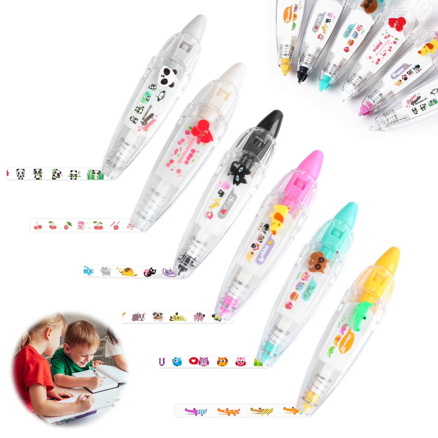 Photo 1 of DIY Cute Animals Press Type Decorative Pen, Ally-Pocket Tape Pen, DIY Lace Decoration Tape Pen, Creative Cartoon Pattern Decorative Tape, Cute Scrapbooking Diary Decorative Correction Tapes, 6Pcs