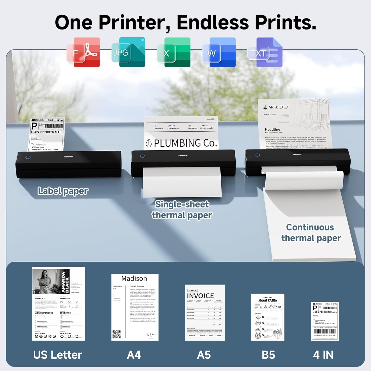 HPRT Inkless Portable Printer Wireless for Travel,Thermal Printer Supports 8.5" x 11" US Letter&A4&A5,Compatible with iOS,Android, Laptop, MT620,203 DPI,Black