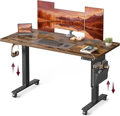 VASAGLE Höhenverstellbarer Schreibtisch elektrisch, 60 x 140 x (72-120) cm, stufenlos verstellbar, Memory-Funktion mit 4 Höhen, vintagebraun LSD174X01