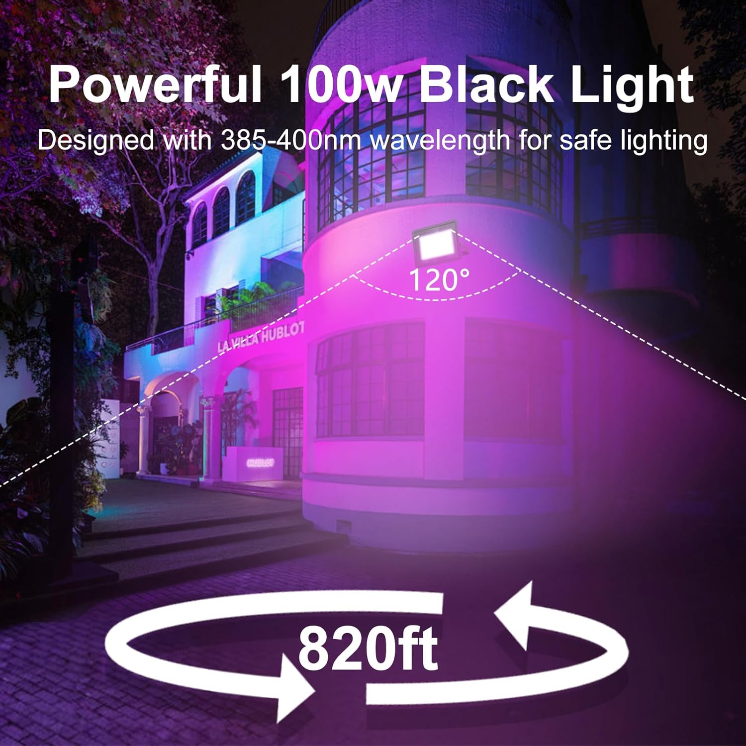 100W LED Black Light Outdoor, IP66 Waterproof UV Flood Light with Plug and Switch, 385-400nm Blacklight, 180° Adjustable, Glow in The Dark Light for Halloween, Party, Body Paint, Stage, Yard