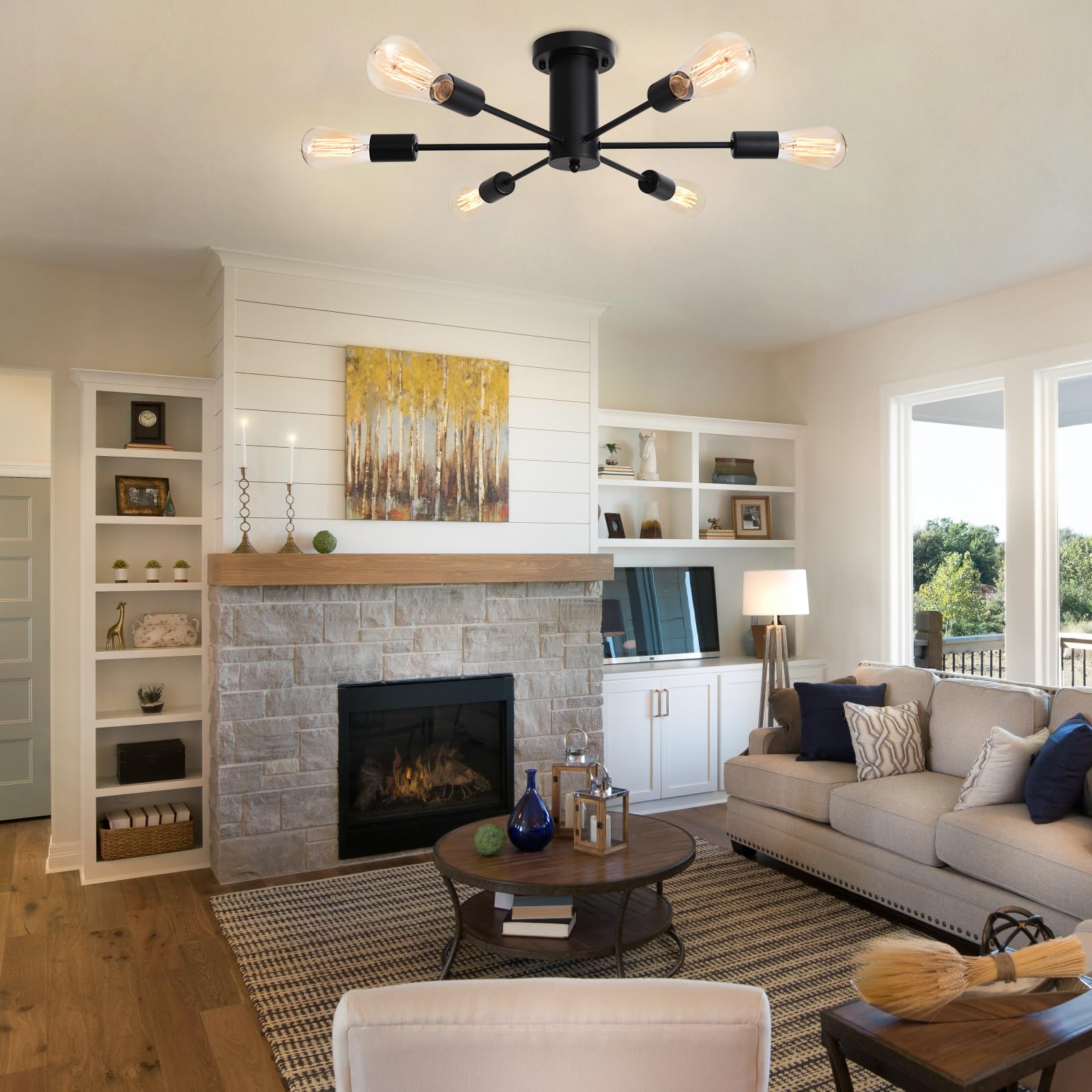 Lampadario Industriale 6 Bracci Con Plafoniera - Nero, E27, Per Soggiorno O Camera - Foto 7