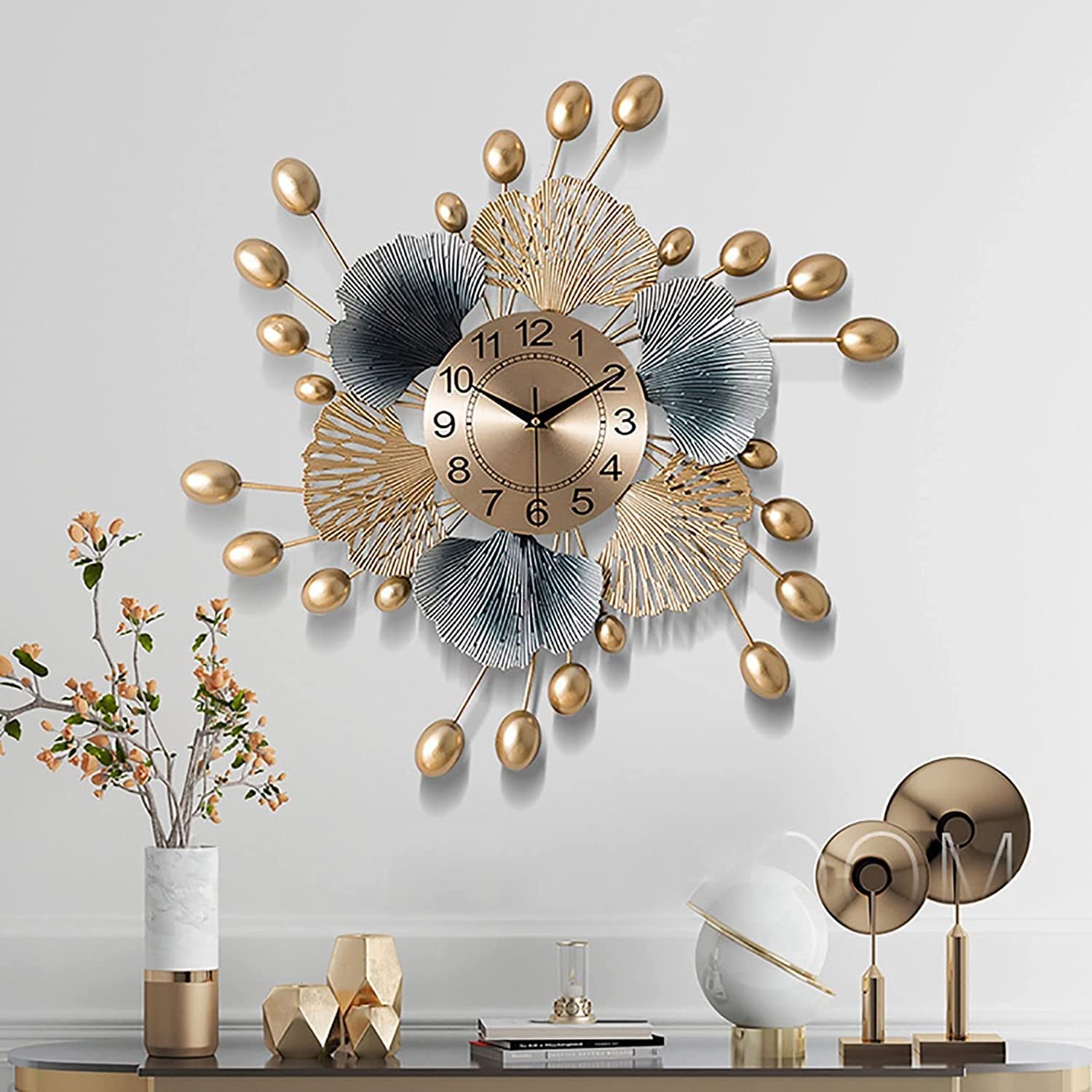SaryEdge Metal Wall Decor Modern Art Wall Hanging Large Wall Clock Metal Modern Ginkgo Leaf Silent Clock 23.6 Inch Creative Handmadefor Home Decoration Numerals Clocks,60Cm/23.6In,