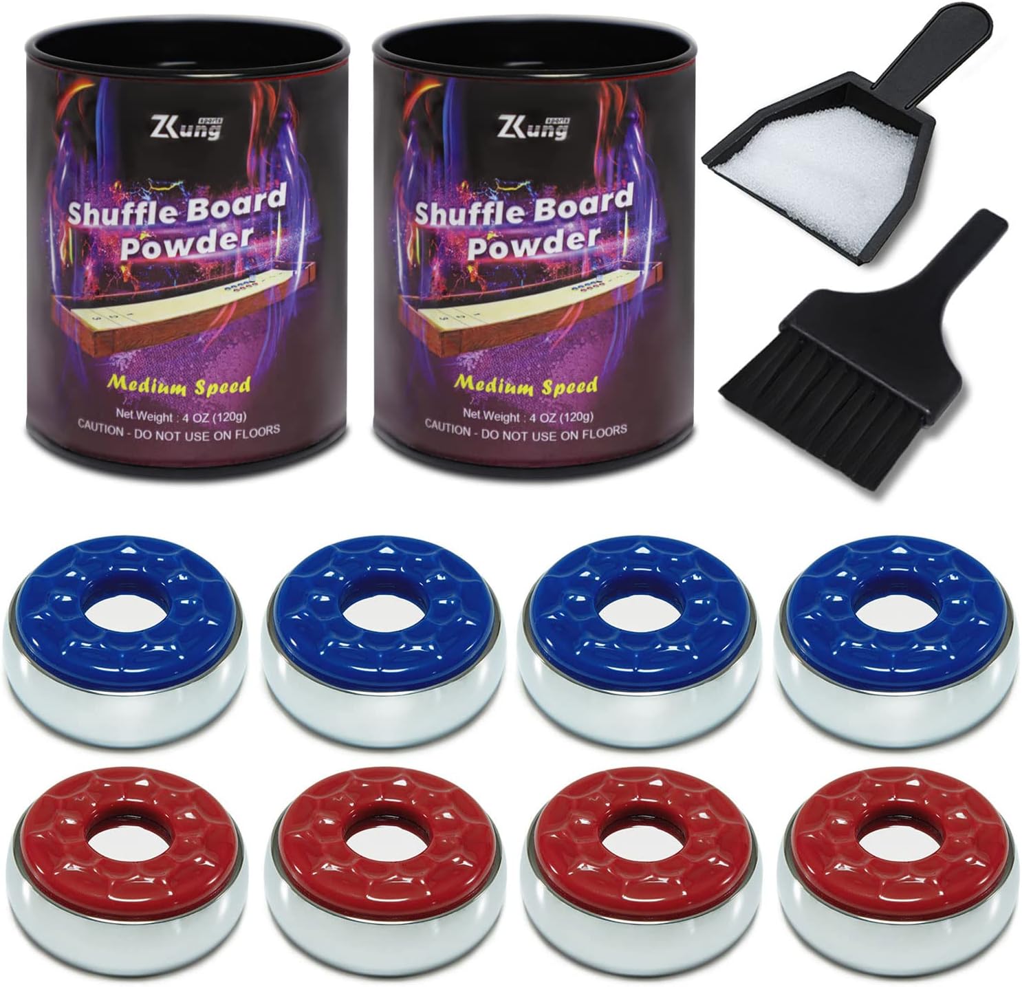 Shuffleboard Pucks with Sand Set - 2 1/8" Official Size, 8 Pack Pucks, 2 Cans Sand, Medium Speed Wax, Mini Brush & Dustpan