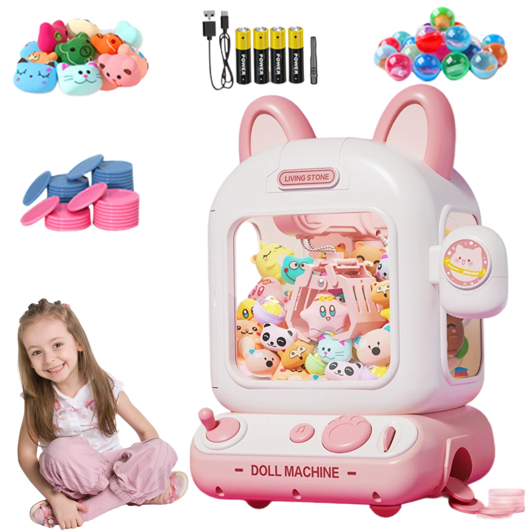 Macchina Artigli per Bambini, Macchina Artigli per Bambini con Luce e Musica, Mini Distributore Automatico con 10 Muppet, 10 Uova a Sorpresa e 12 Monete da Gioco, Giocattolo per a Batteria/U